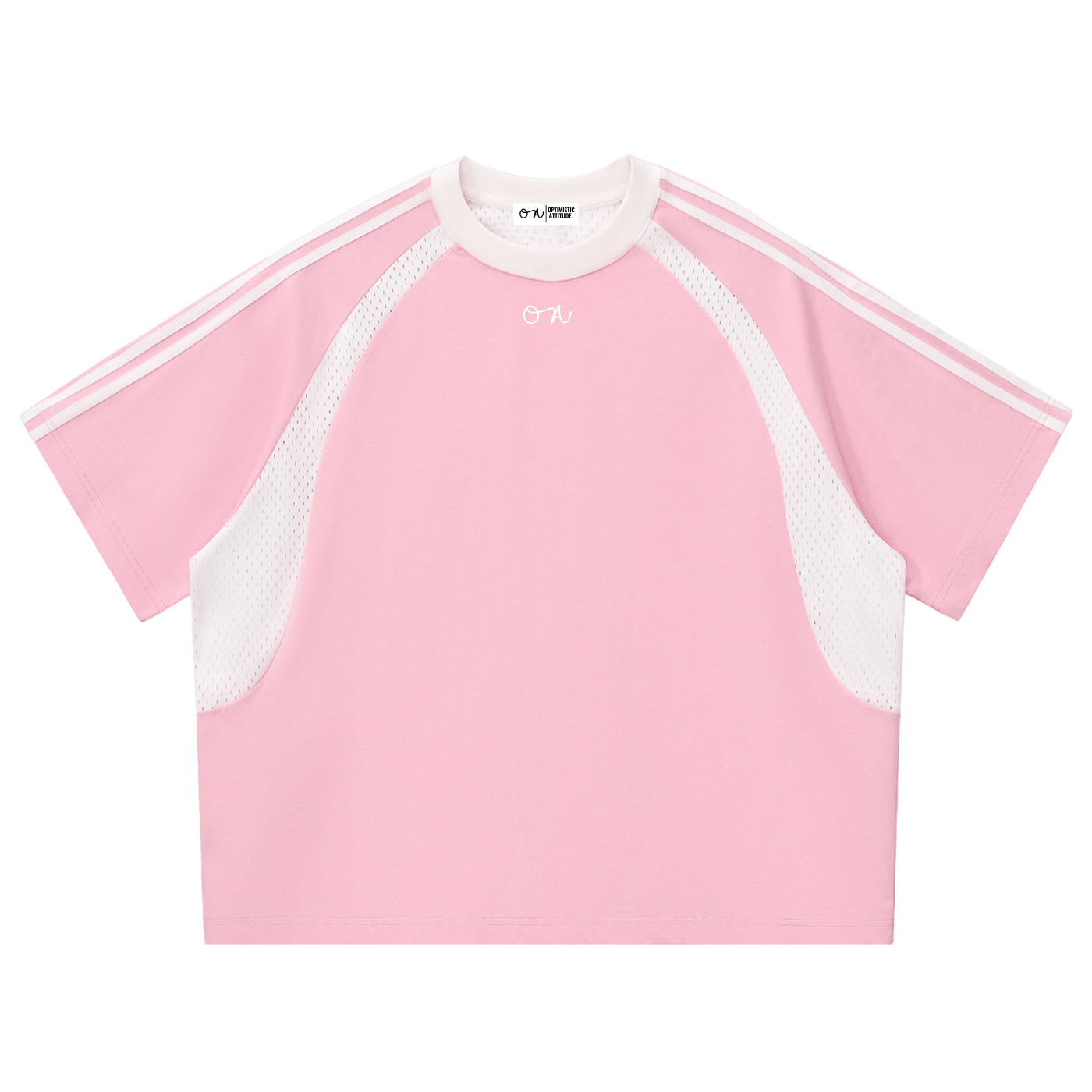Light Pink t-shirt with white accents and an oa logo on a white background