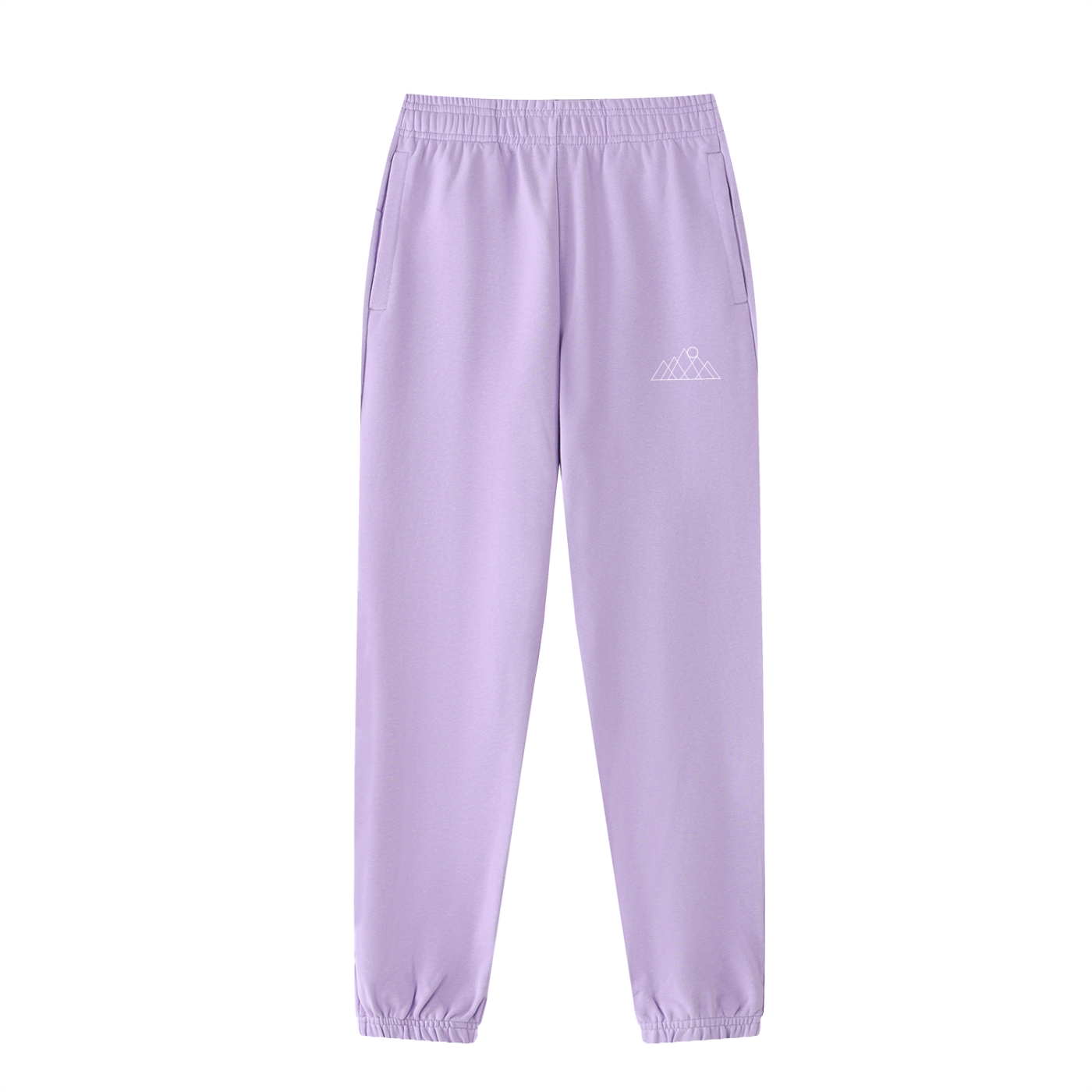 Light purple cuffed sweatpants with a white mountains and sun rising logo/symbol on a white background