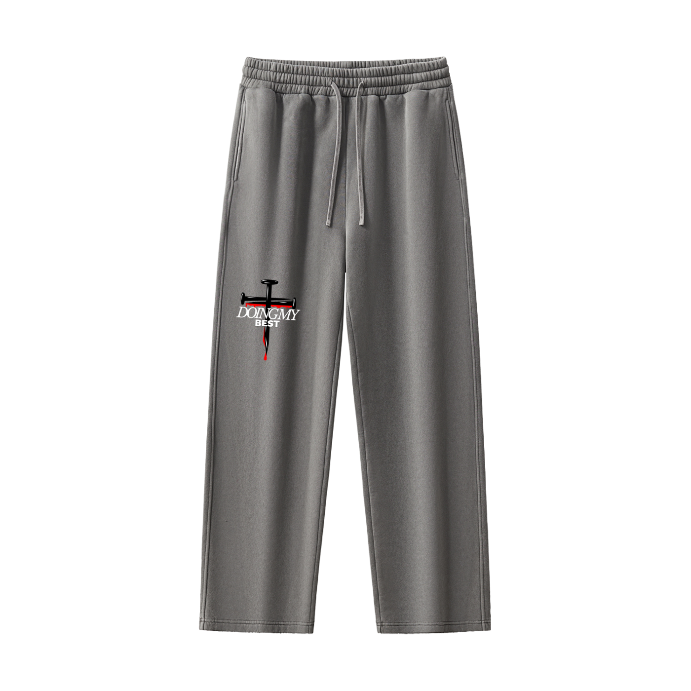 Medium Gray sweatpants with a cross design and 'doing my best' text in front of a white background.