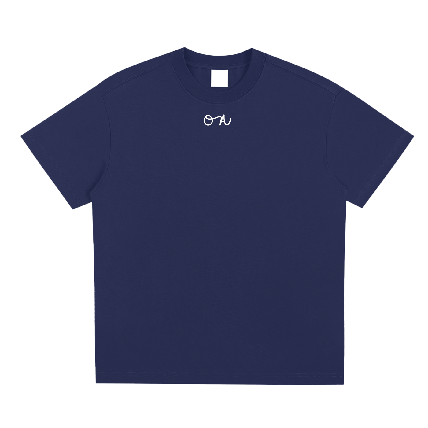 Navy blue t-shirt with a white logo on a white background