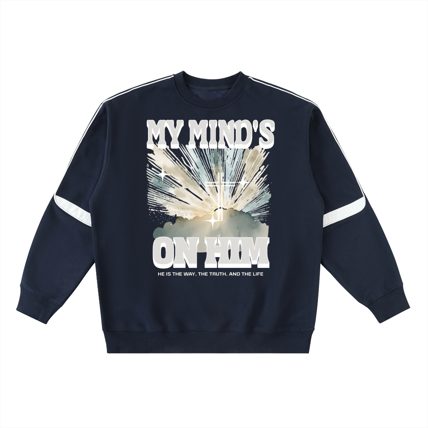 Front of navy long sleeve crewneck sweatshirt with white detailing on the sleeves and a graphic design in the front of a white background. The graphic design consists of bright golden hues, with a cloud cross, and text. Text says "My minds on him. He is the way, the truth, and the life."