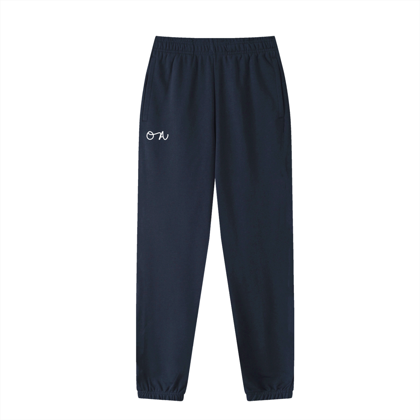 Front of navy cuffed sweatpants/joggers with an oa logo in white in front of a white background.
