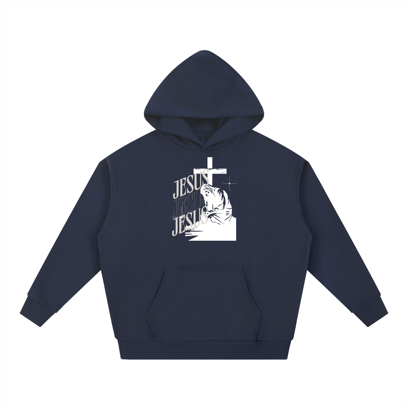 Navy blue hoodie with 'Jesus' text and cross design on a white background