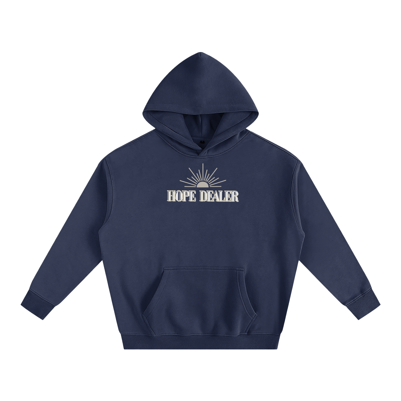 Navy hoodie with 'HOPE DEALER' text and sun graphic on a white background. 'Hope dealer' text is tan and white and sun graphic is tan.