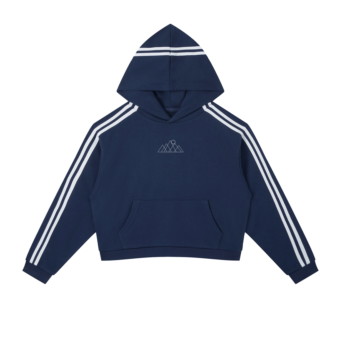 Navy hoodie with white stripes on sleeves and a mountains + rising sun logo on chest against a white background