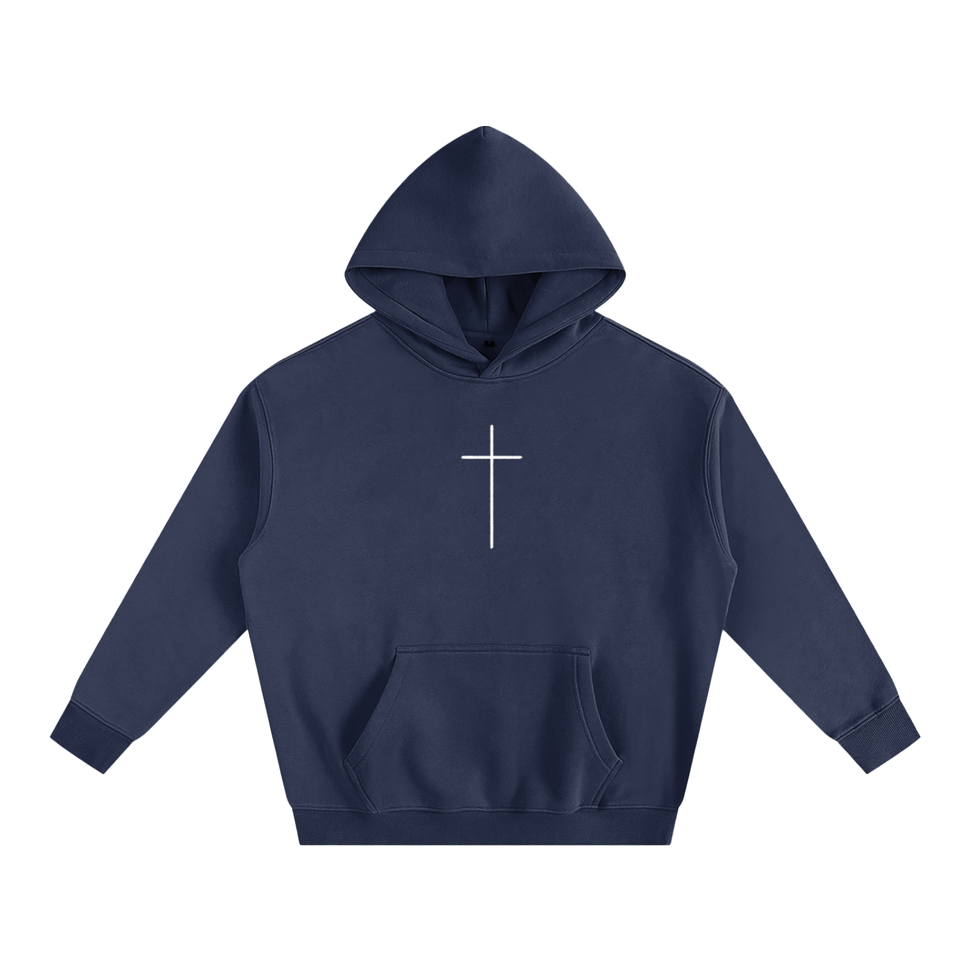 Navy blue hoodie with a white cross on a white background