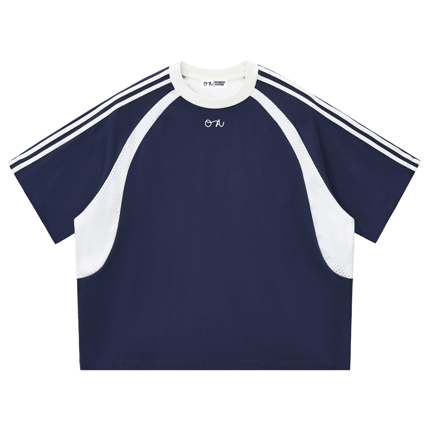 Navy and white mesh paneled t-shirt with three stripes on a white background