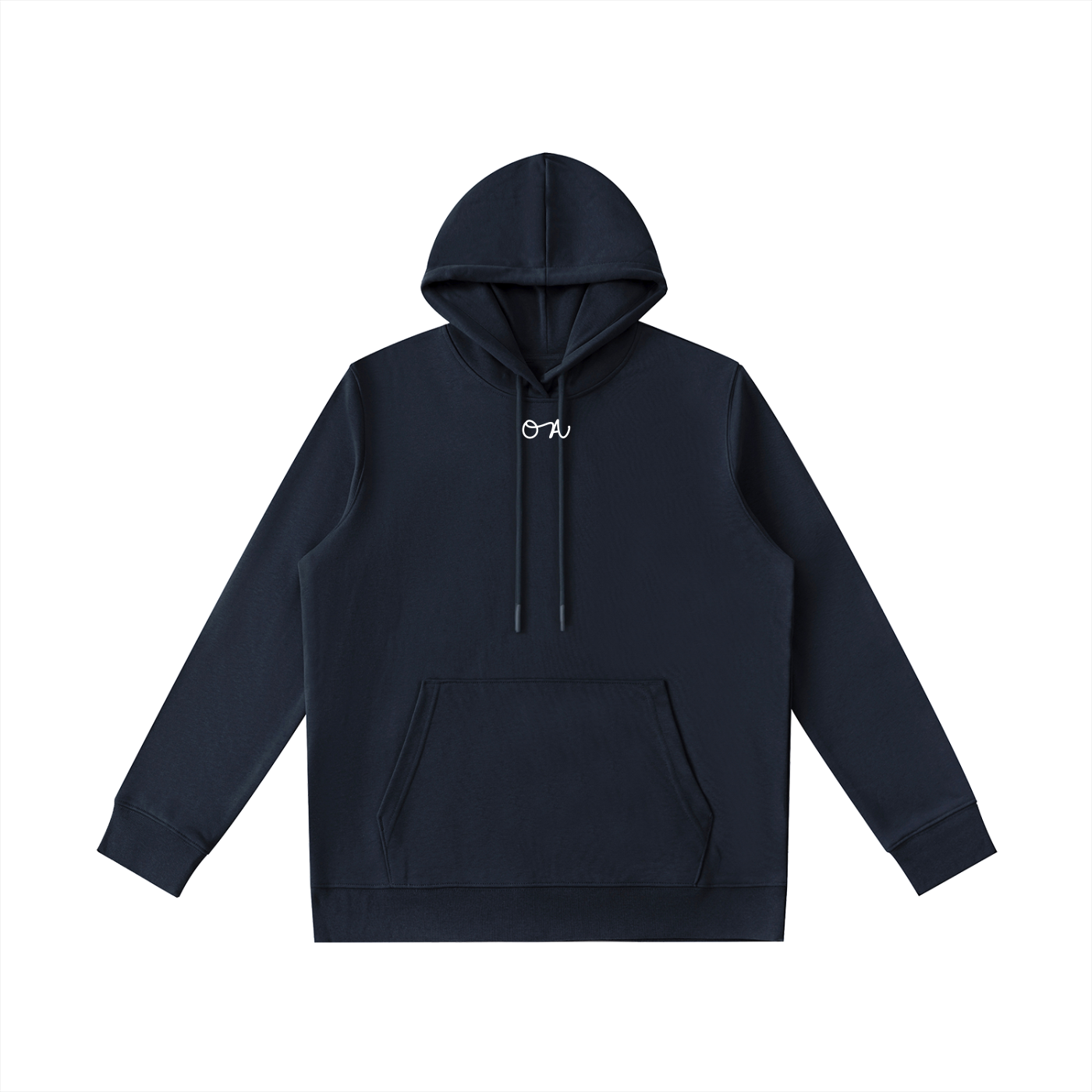 Navy blue hoodie with an 'oa' logo in white in front of white background