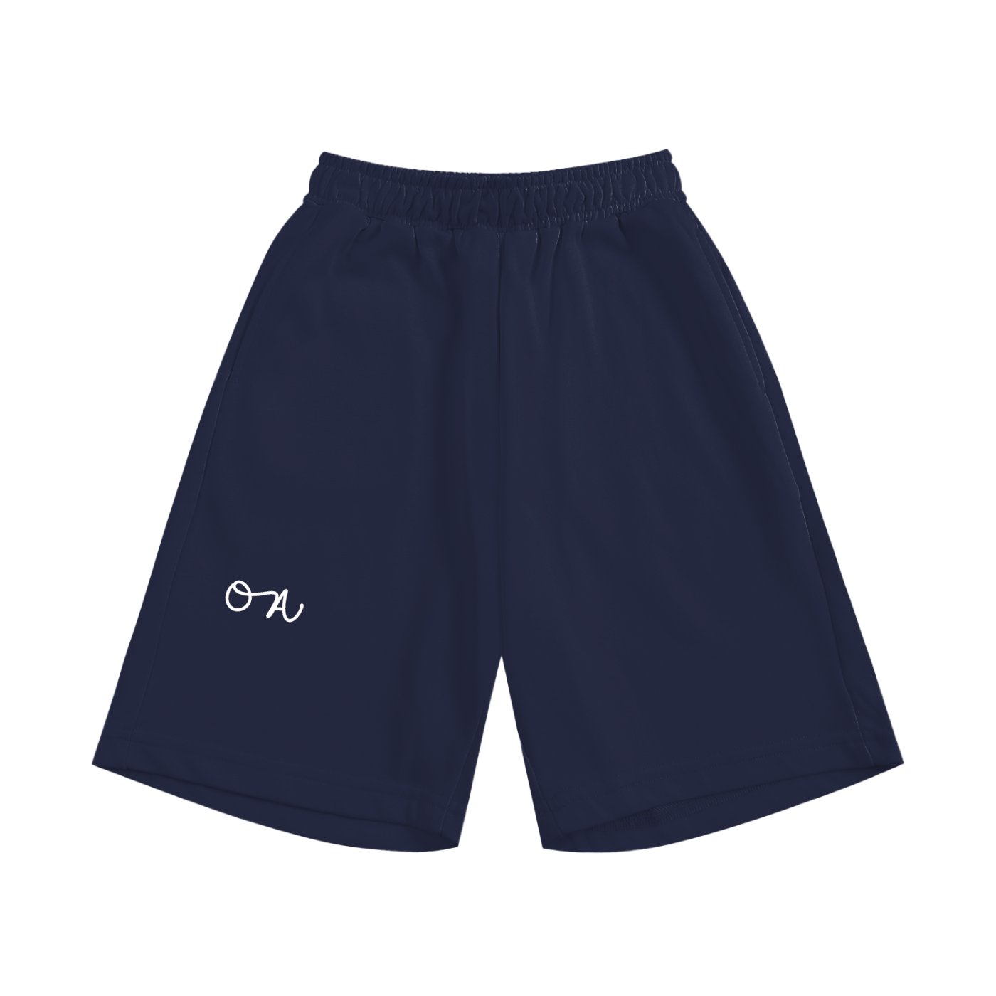 Navy shorts with a white logo on a white background