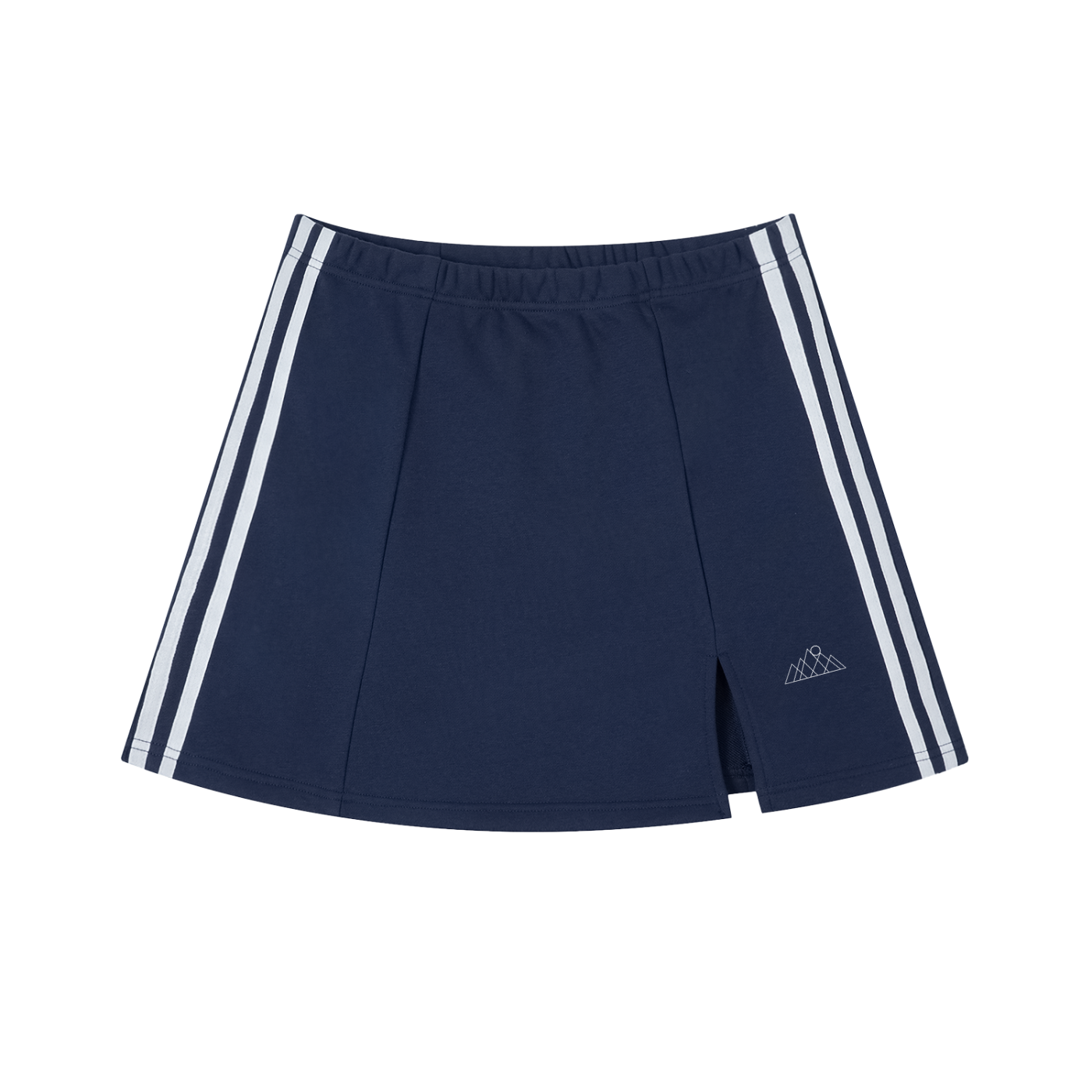 Navy skort with white stripes and a mountain/sun rising symbol on a white background