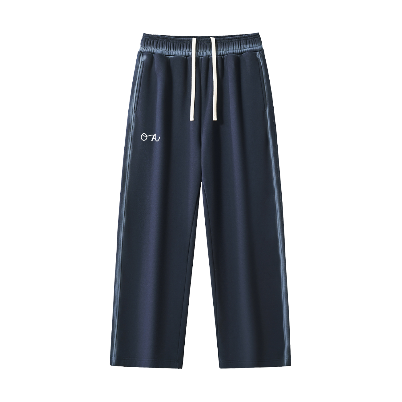 Navy blue pants with faded lines and an 'oa' logo with a white drawstring in front of a white background