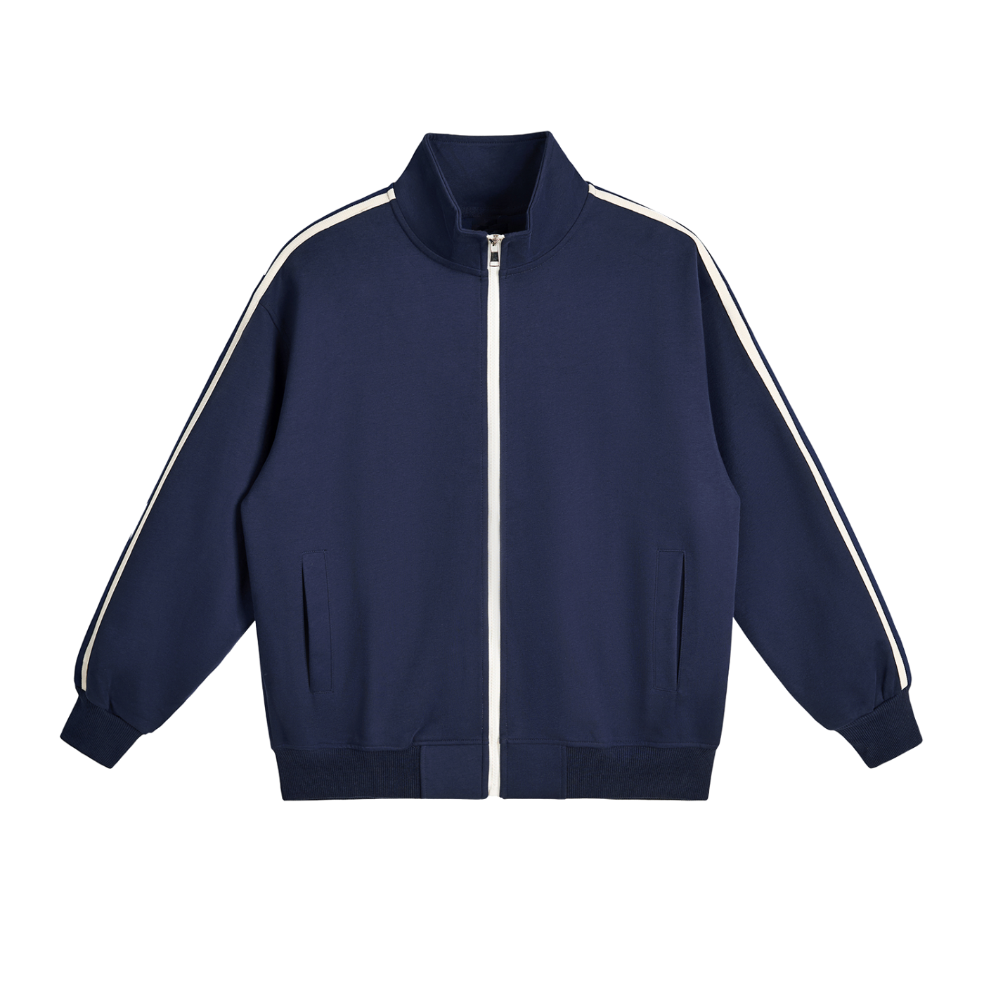 Navy blue jacket with white stripes on sleeves on a white background