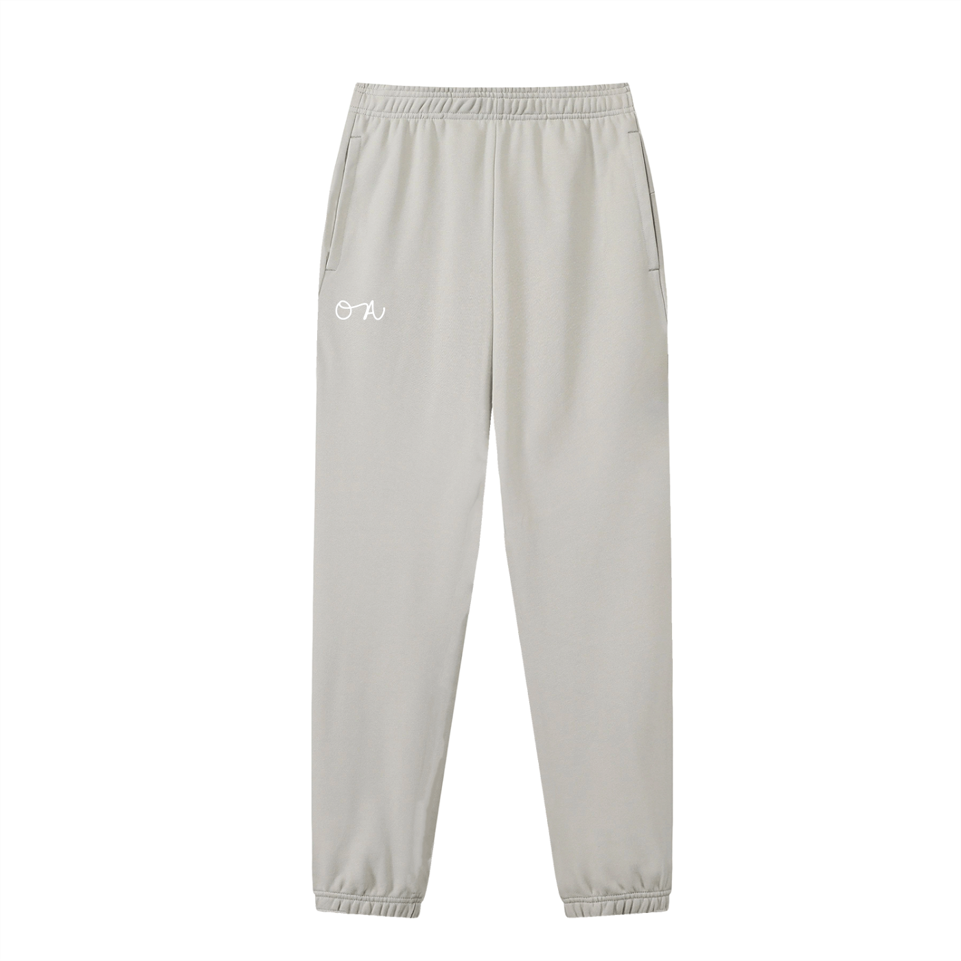 Front of oat gray cuffed sweatpants/joggers with an oa logo in white in front of a white background.