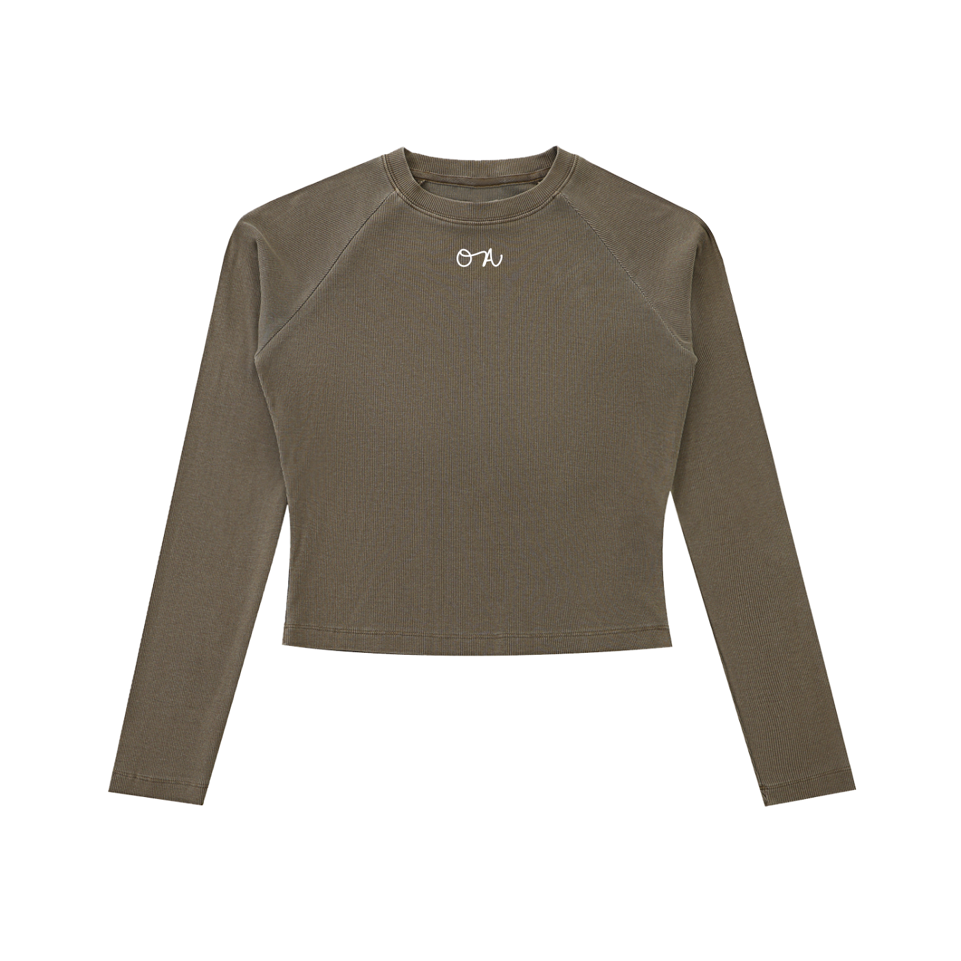 Brown long-sleeve crop top with an oa logo on a white background