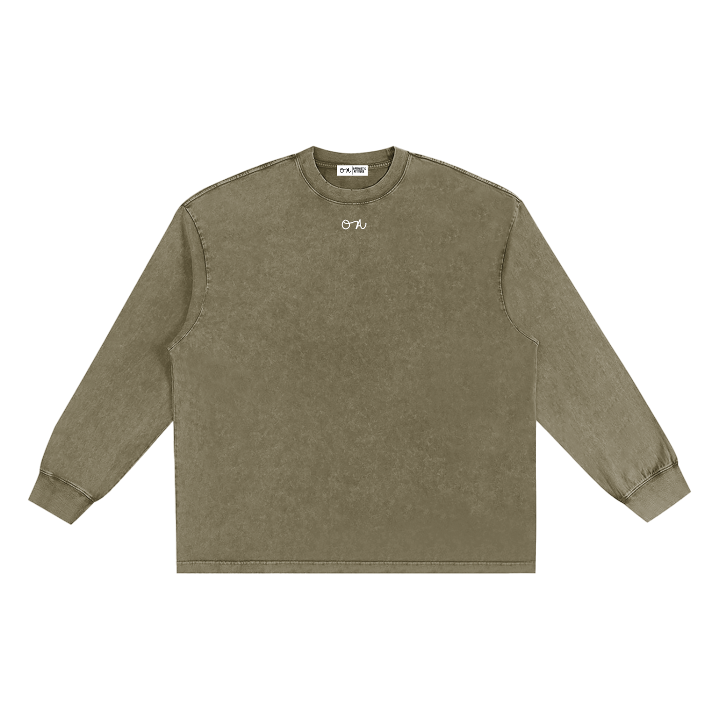 Olive green/khaki long-sleeve shirt in front of a white background