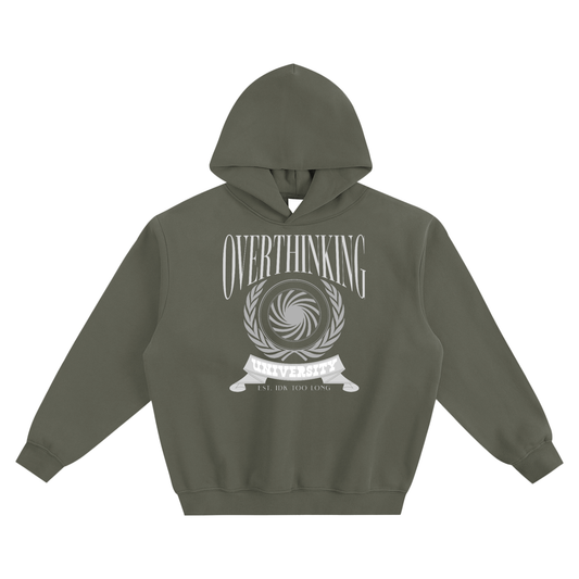 Army Green hoodie with white graphic and text on a white background. Text says 'Overthinking university set. idk too long' with a graphic wreath design-inspired by collegiate designs