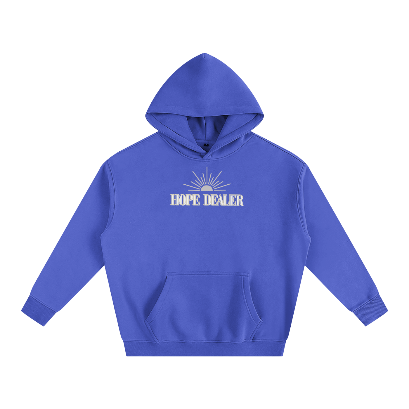 Blue periwinkle hoodie with 'HOPE DEALER' text and sun graphic on a white background. Hope dealer text is tan and white and sun graphic is tan.