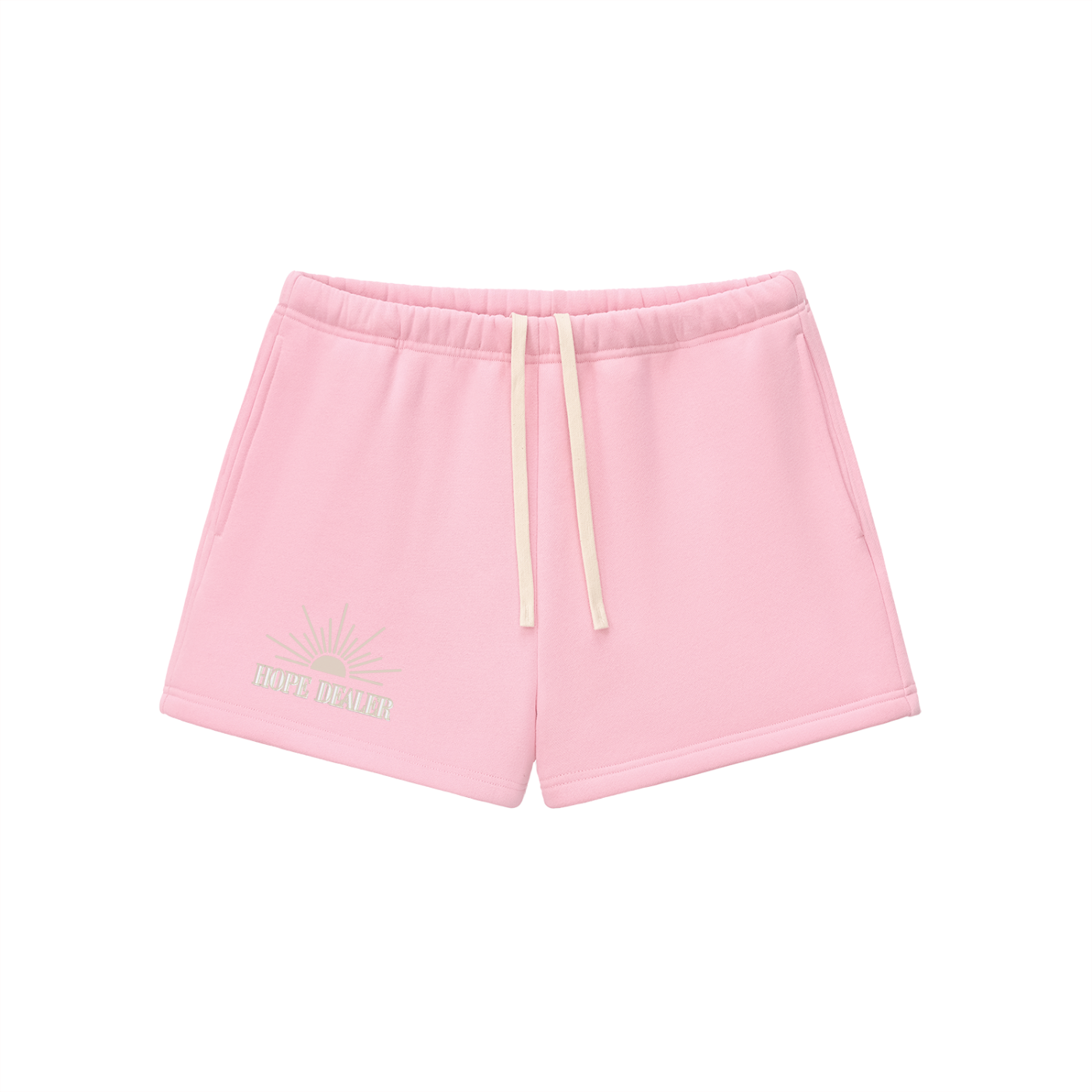 Pink shorts with hope dealer text and sun graphic on a white background