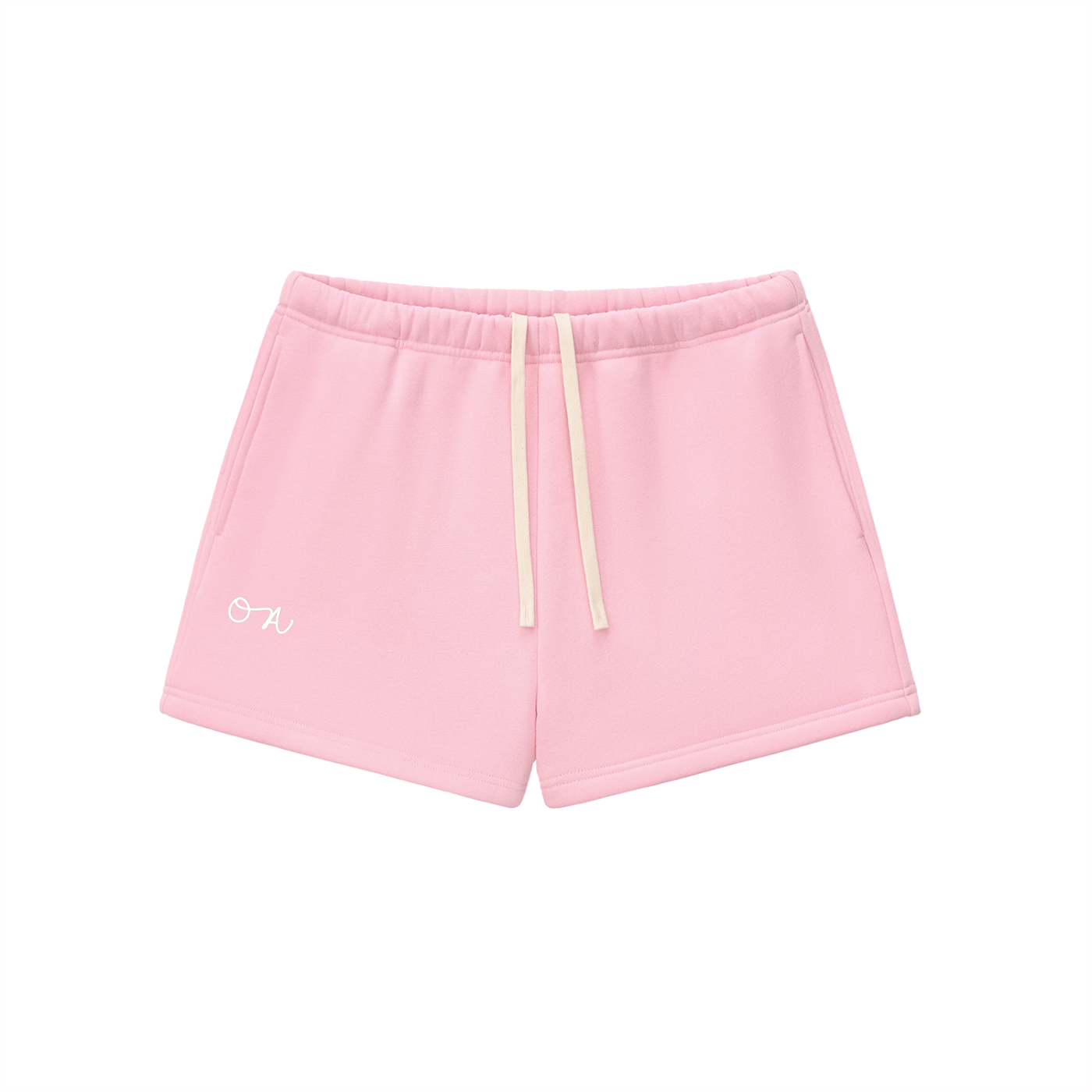 Pink shorts with an 'OA' logo and cream drawstrings in front of a white background