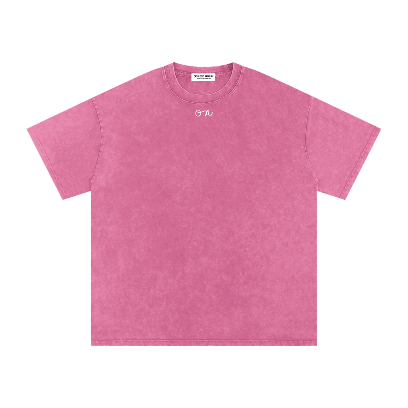 Front of pink t-shirt with a white 'oa' logo in front of a white background.