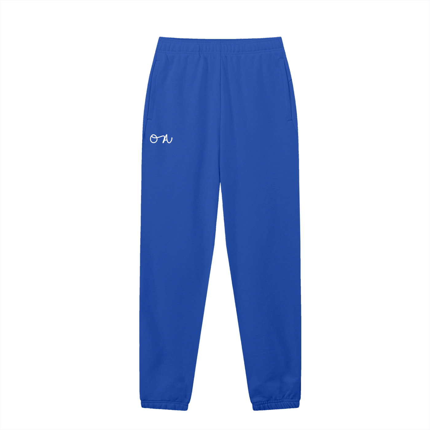 Front of royal blue cuffed sweatpants/joggers with an oa logo in white in front of a white background.
