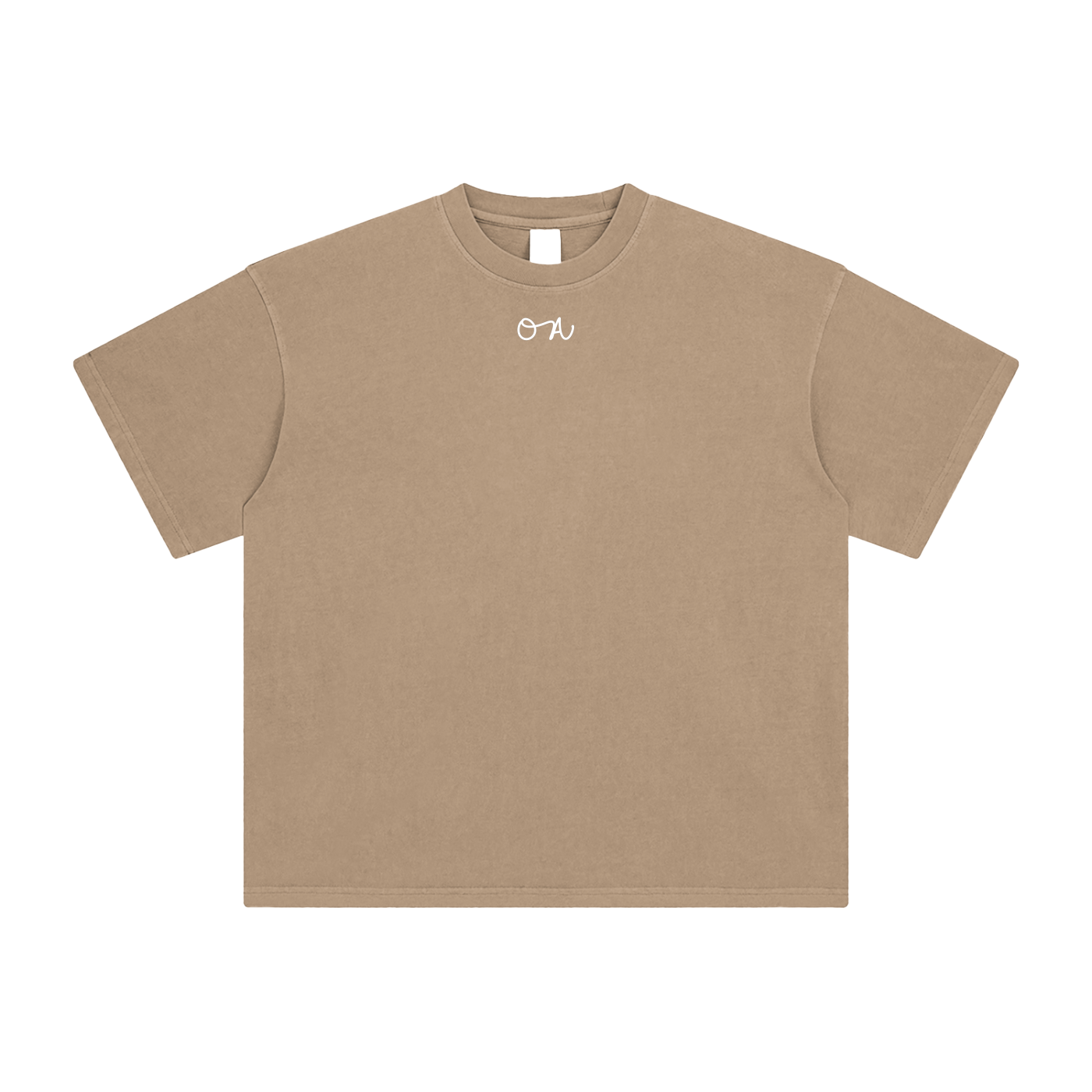 Beige Tan t-shirt with an 'OA' logo on a white background