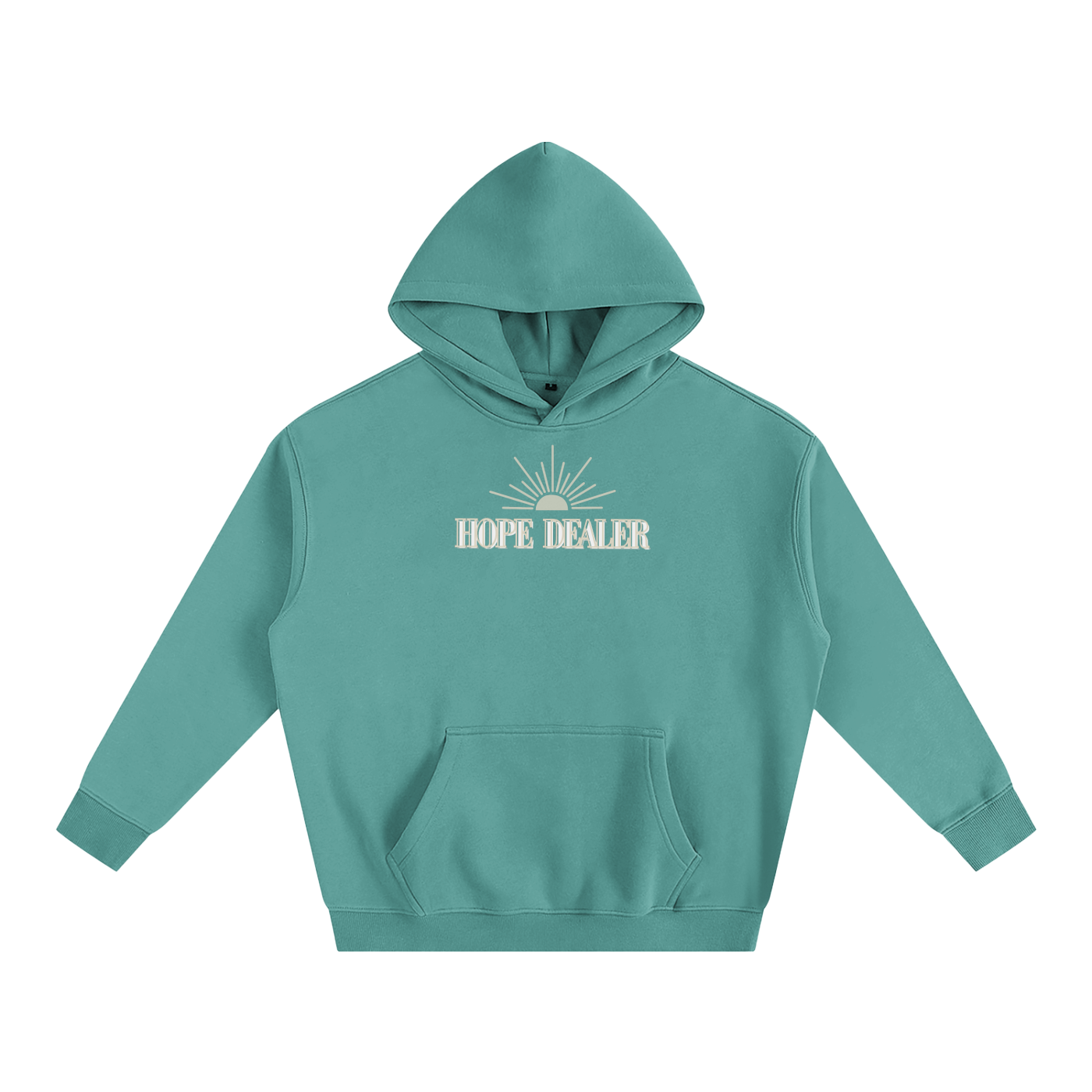 Teal  hoodie with 'HOPE DEALER' text and sun graphic on a white background. Hope dealer text is tan and white and sun graphic is tan.