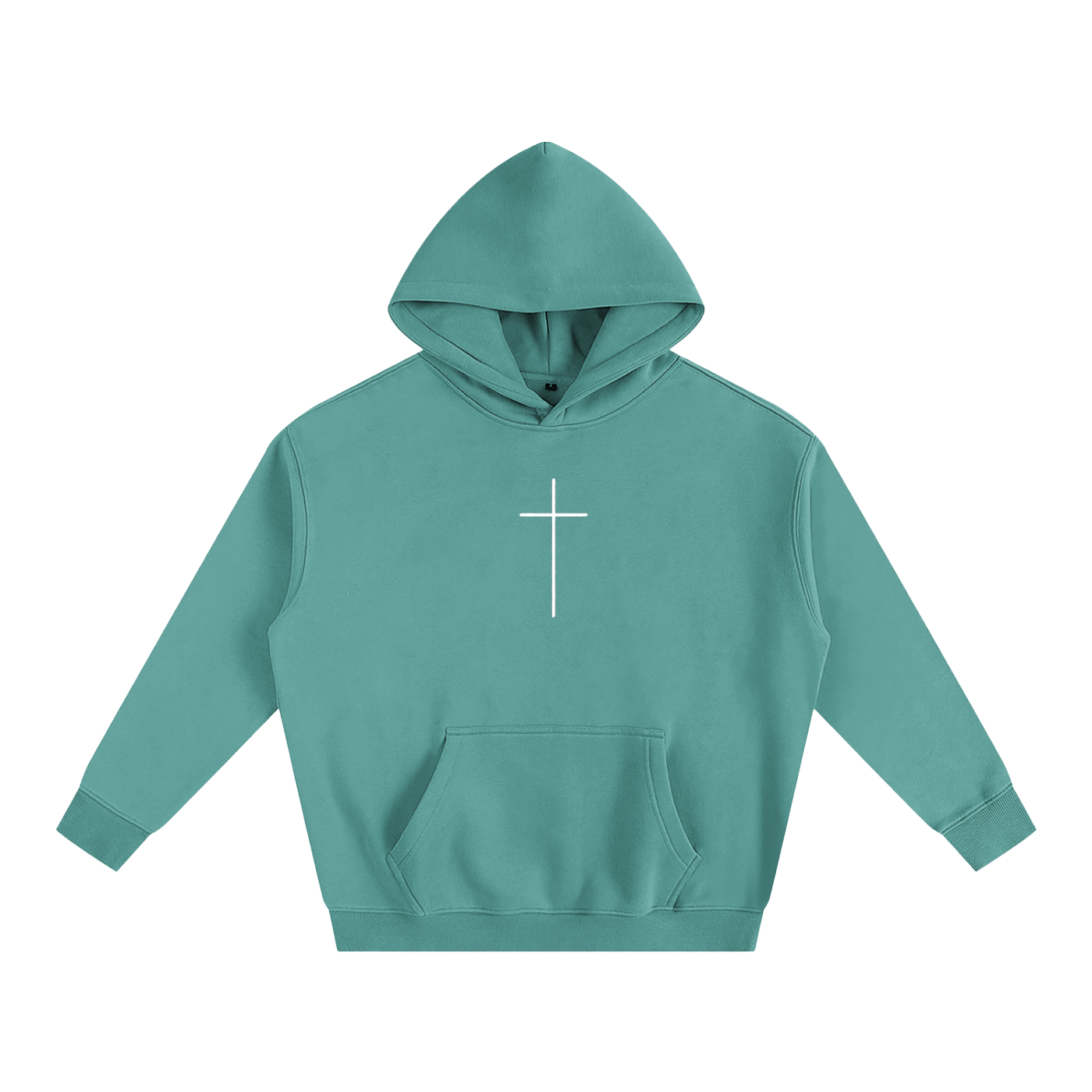 Teal hoodie with a white cross on a white background
