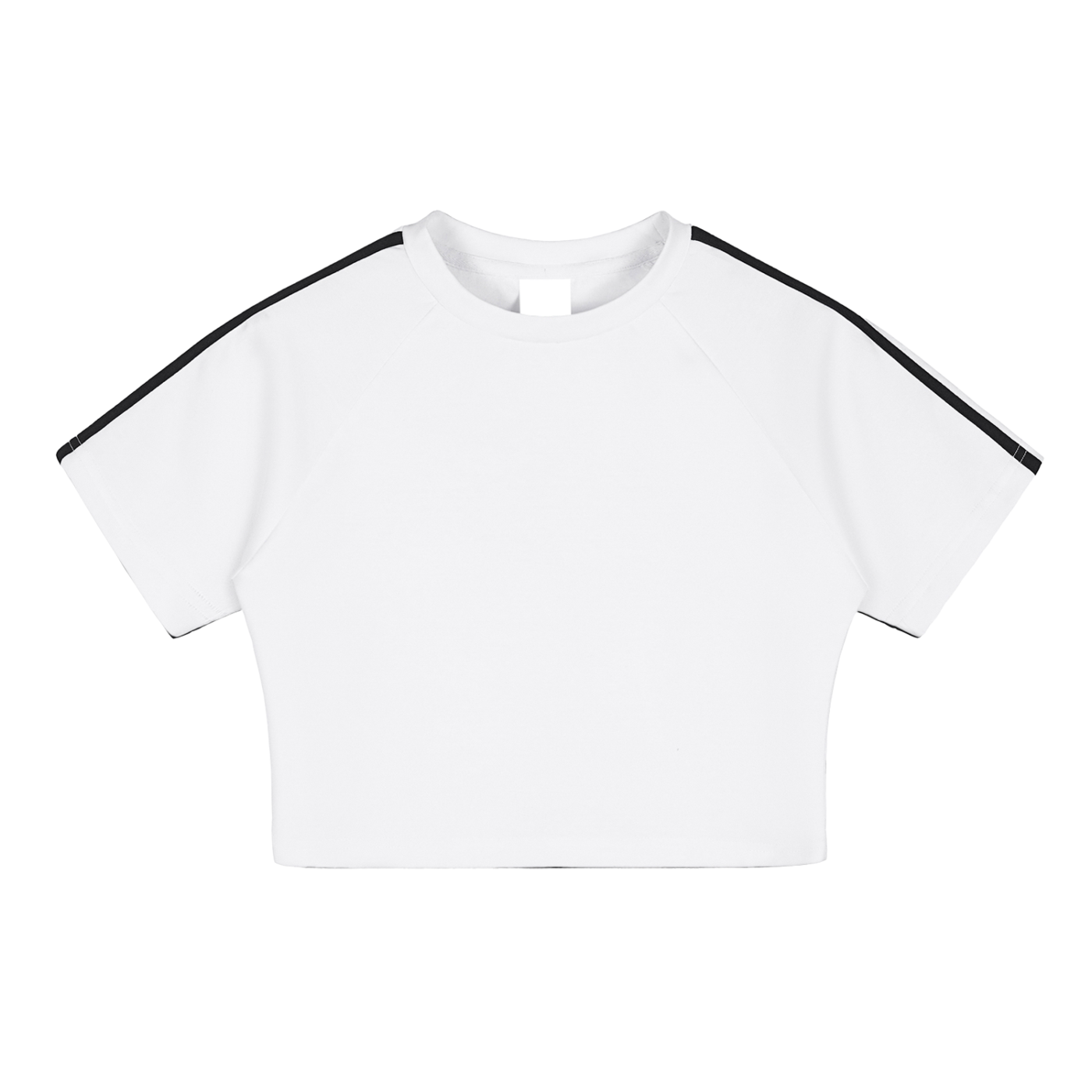 White crop top with black trim on a white background
