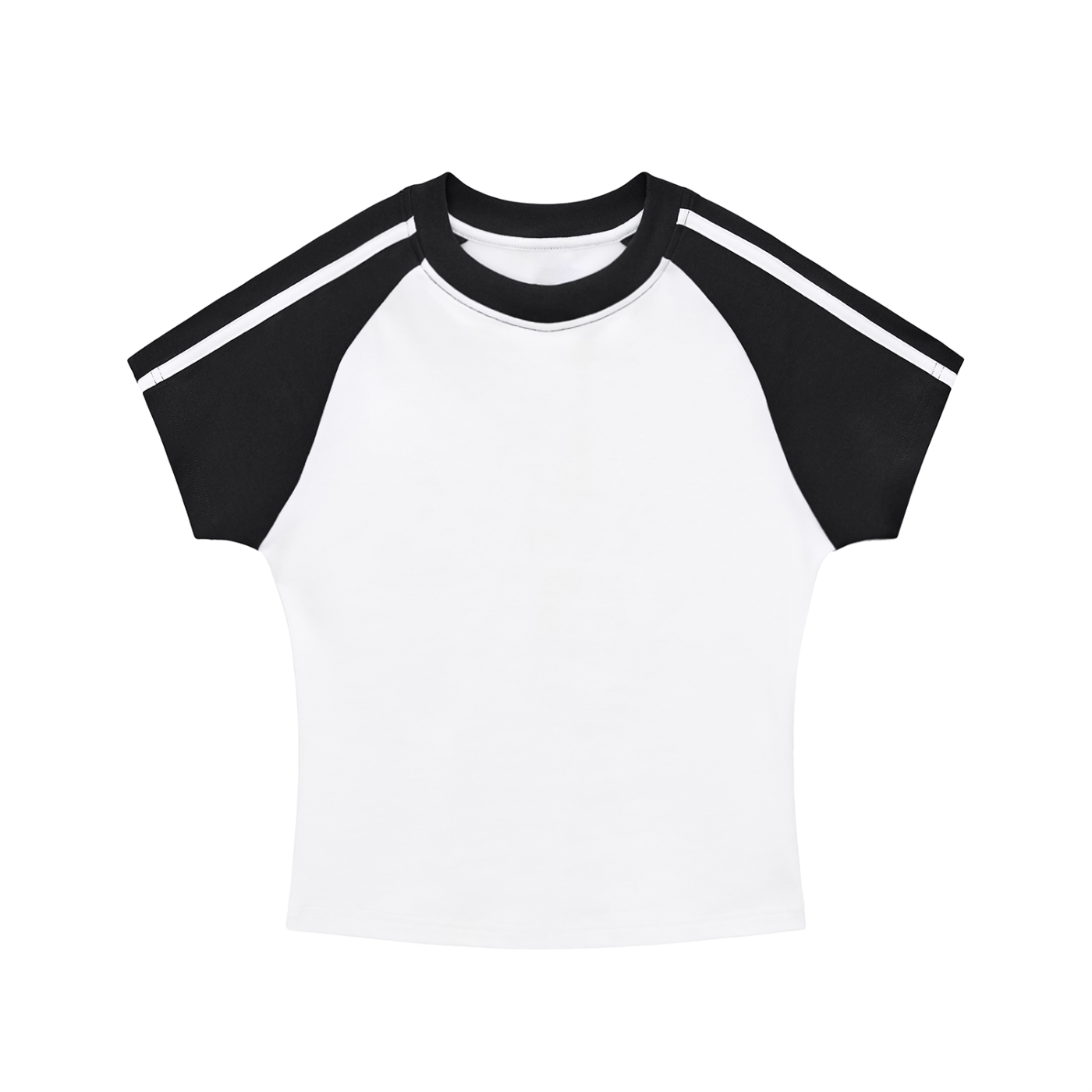 White cropped baby tee with black sleeves on a white background