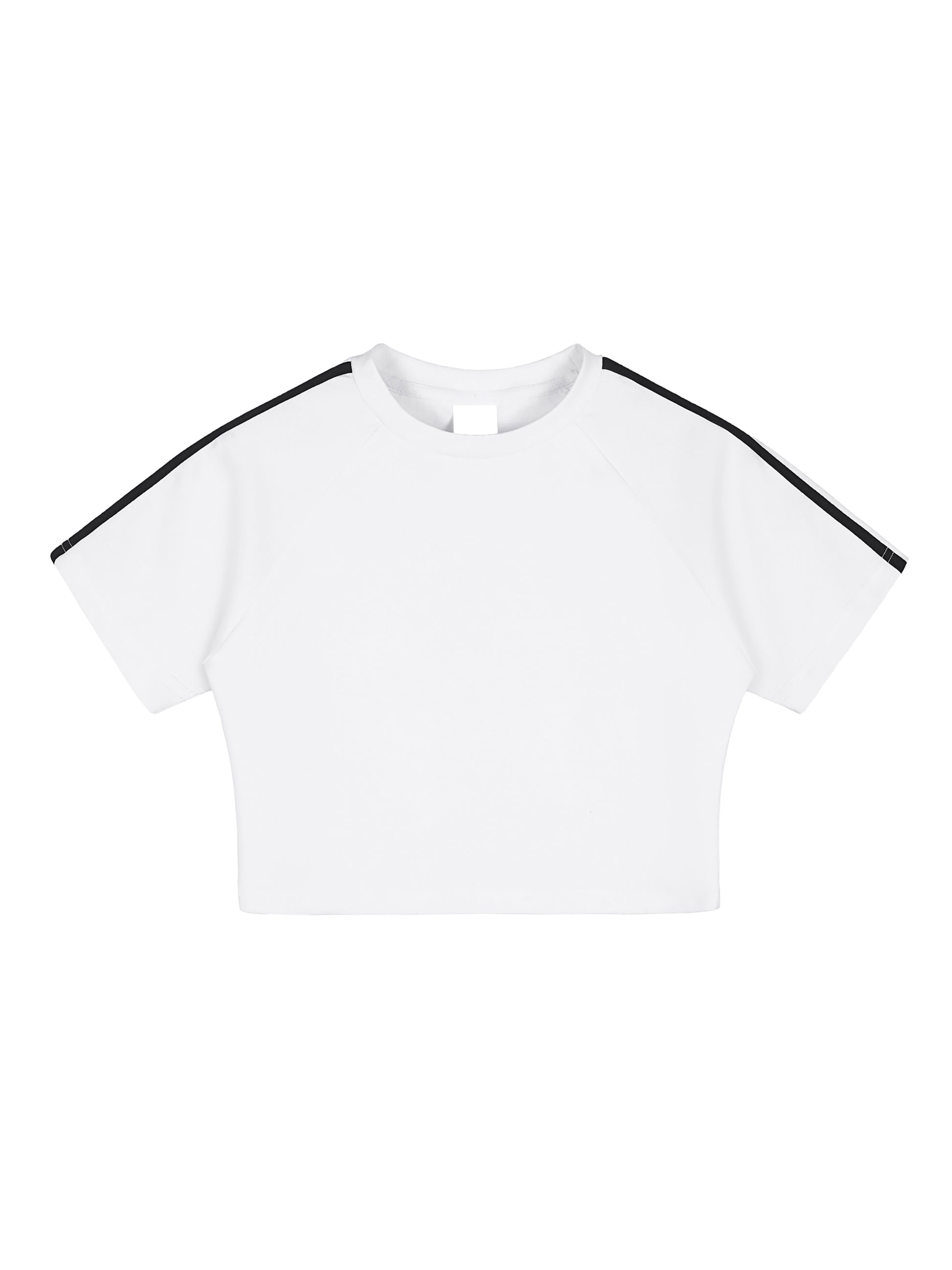 White t-shirt with black trim on a white background