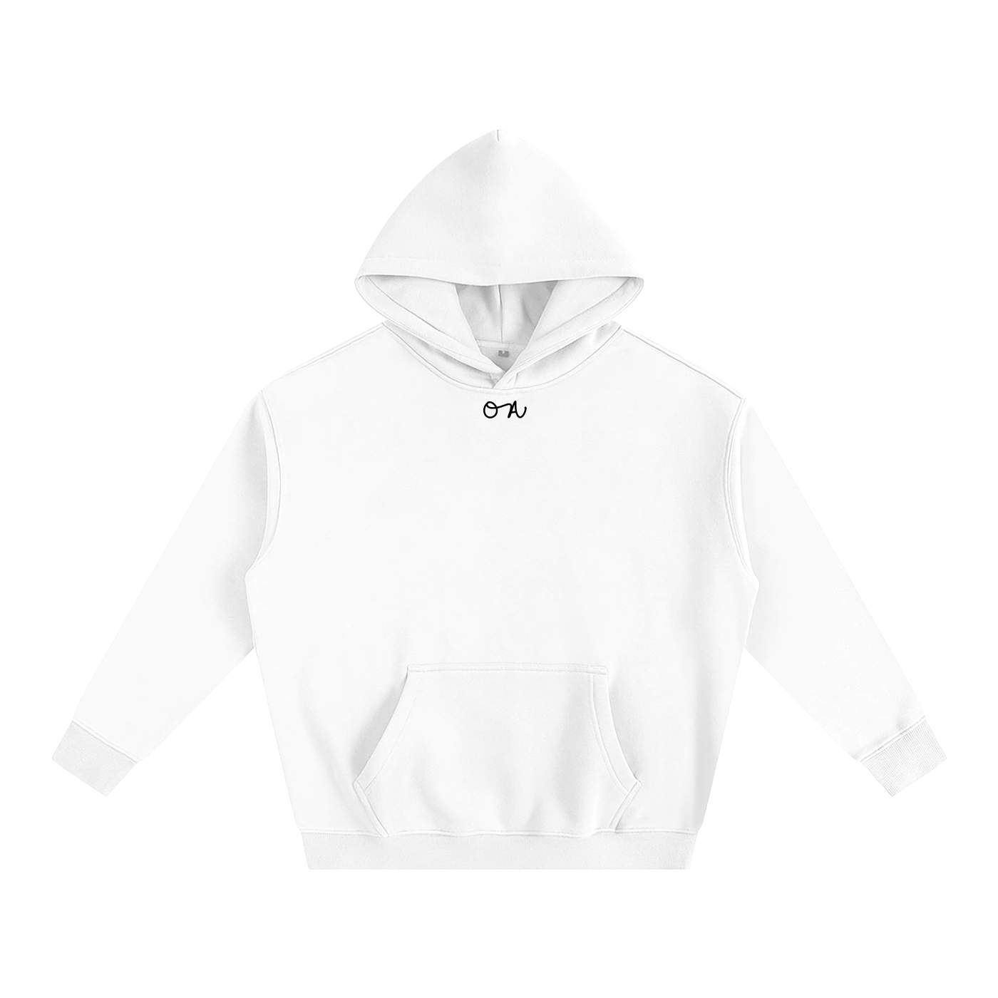 White hoodie with black 'OA' logo on a white background