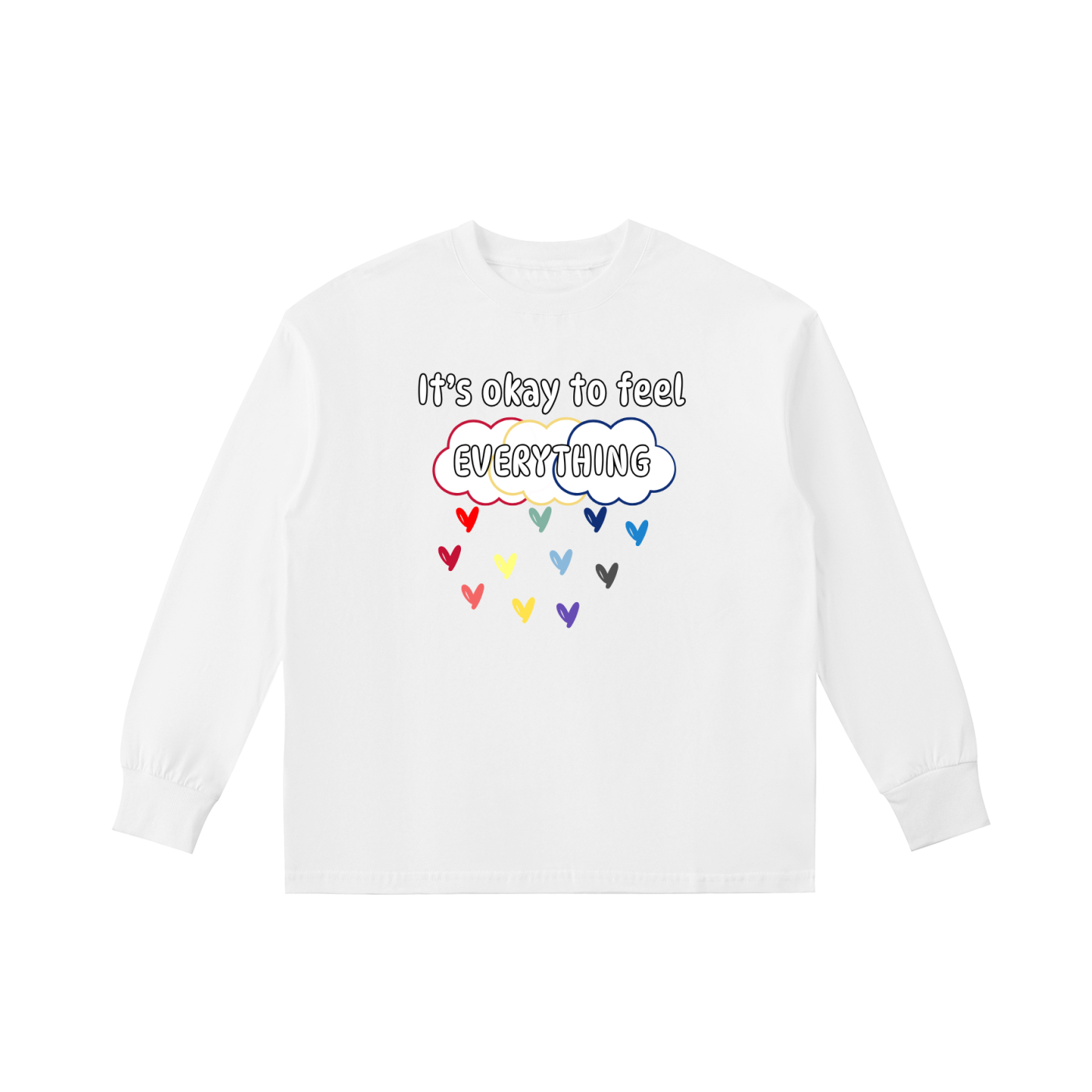 White sweatshirt with colorful clouds and colorful heart raindrops on a white background.