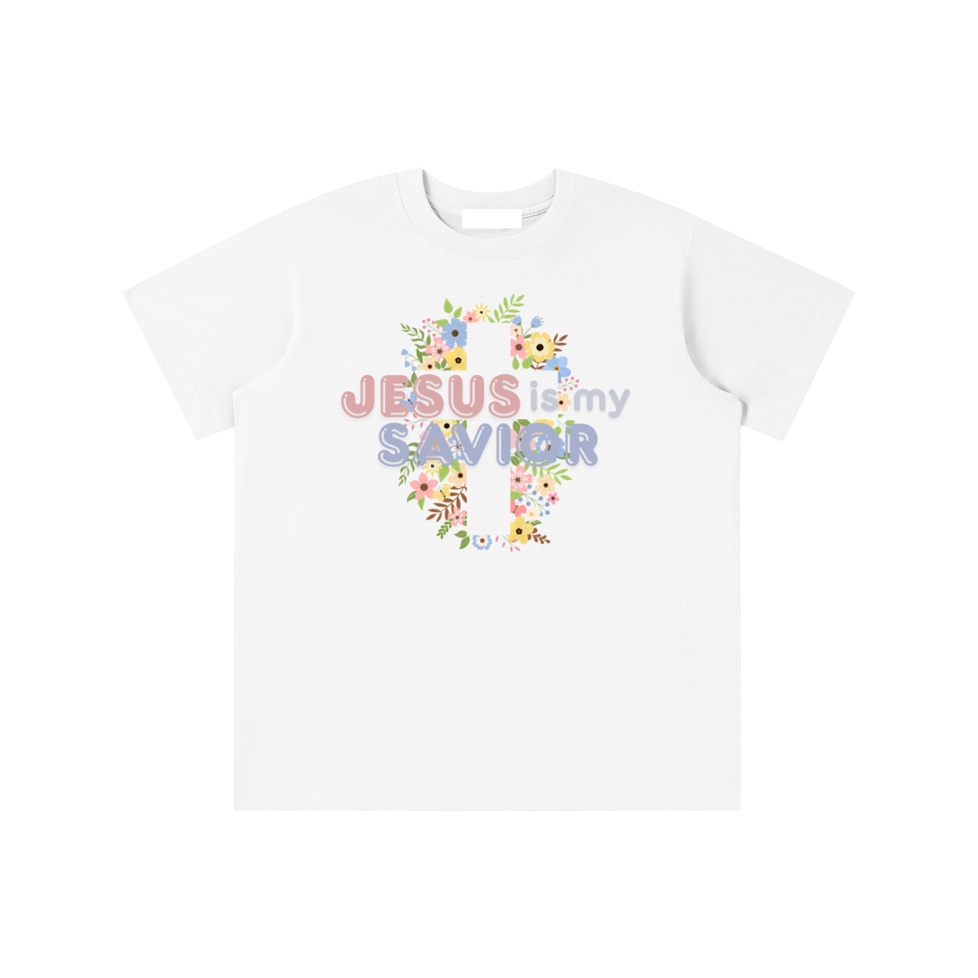 White t-shirt with 'Jesus is my savior' text and floral cross design-colors consist of yellow, purple, green, pink, light brown on a white background.