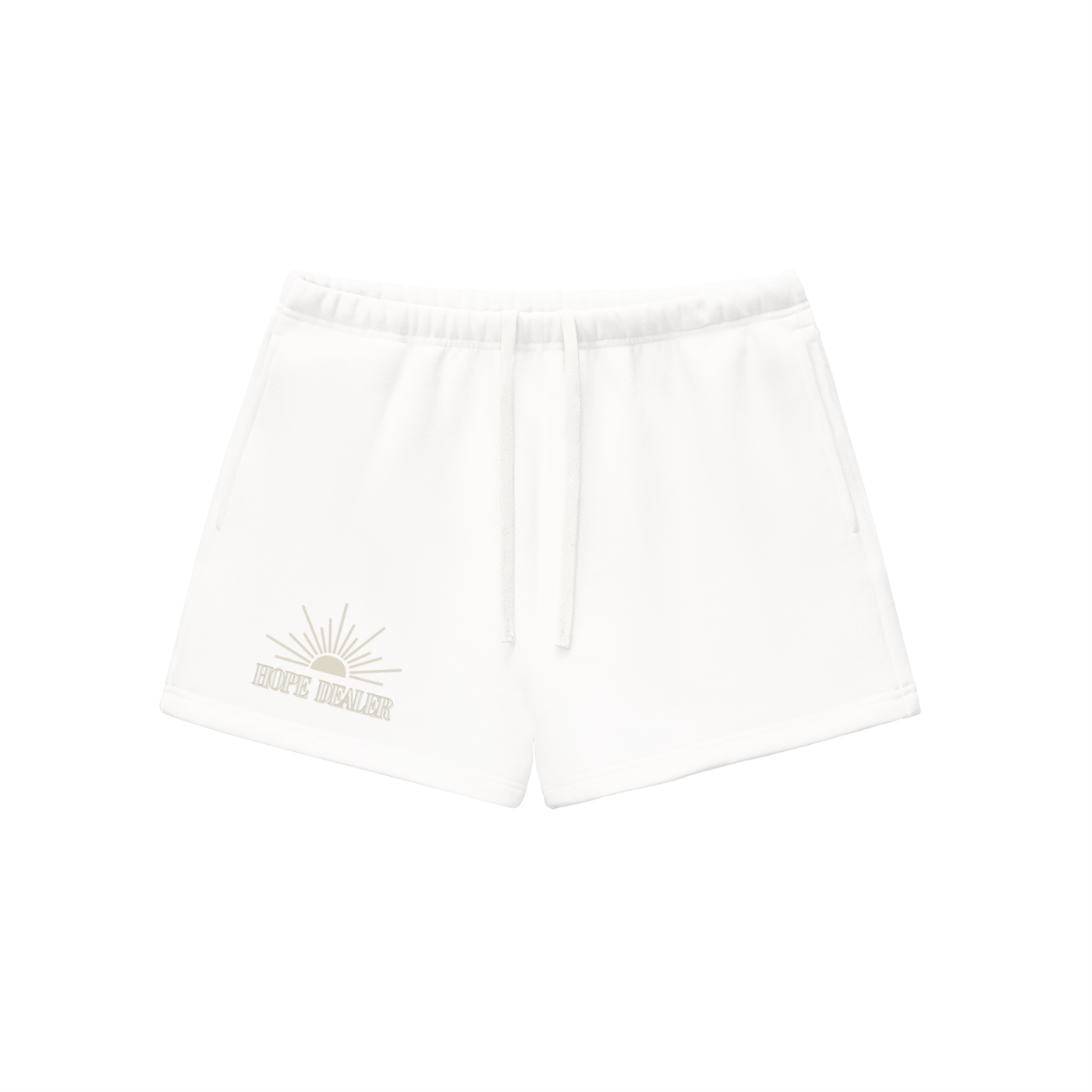 White shorts with hope dealer text and sun graphic on a white background