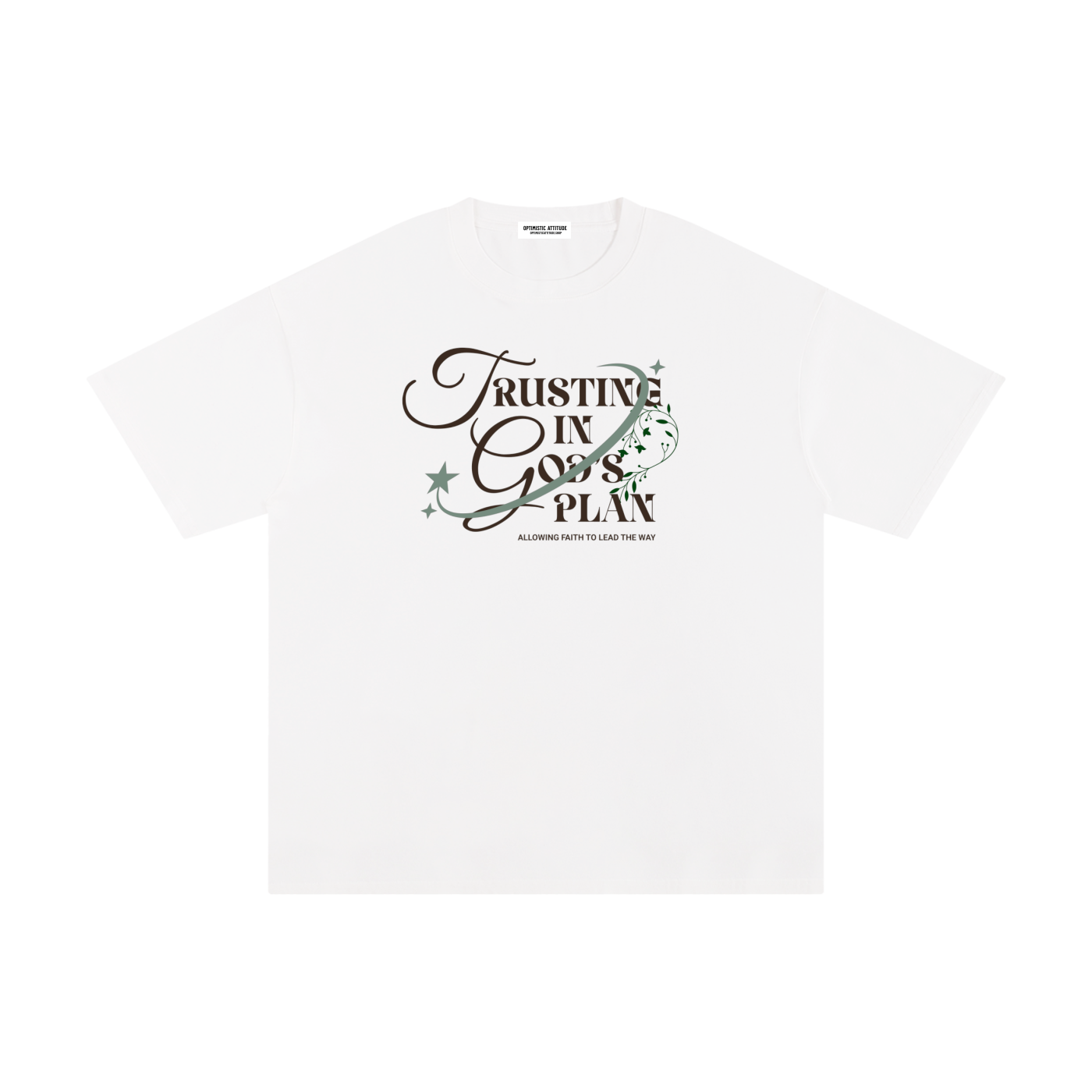 White t-shirt with 'Trusting in God's Plan' text and floral design on a white background