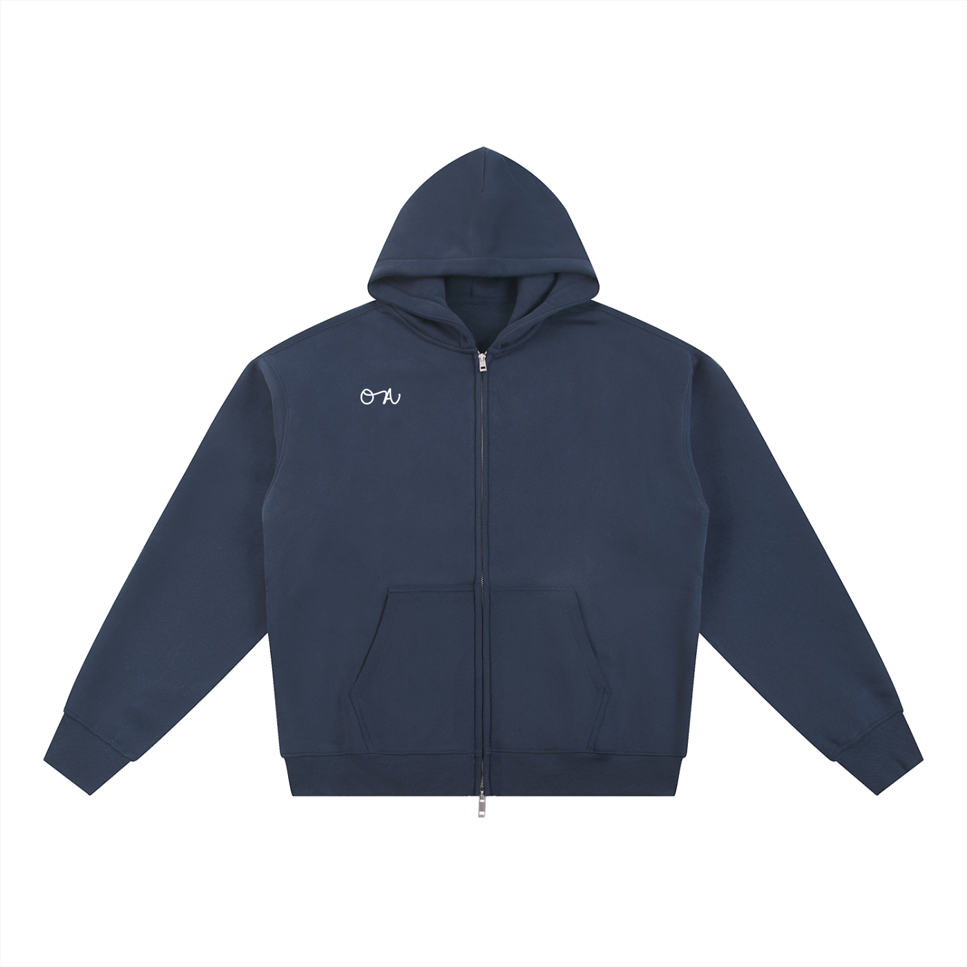 Navy blue zip up jacket with an 'OA' brand logo in front of a white background