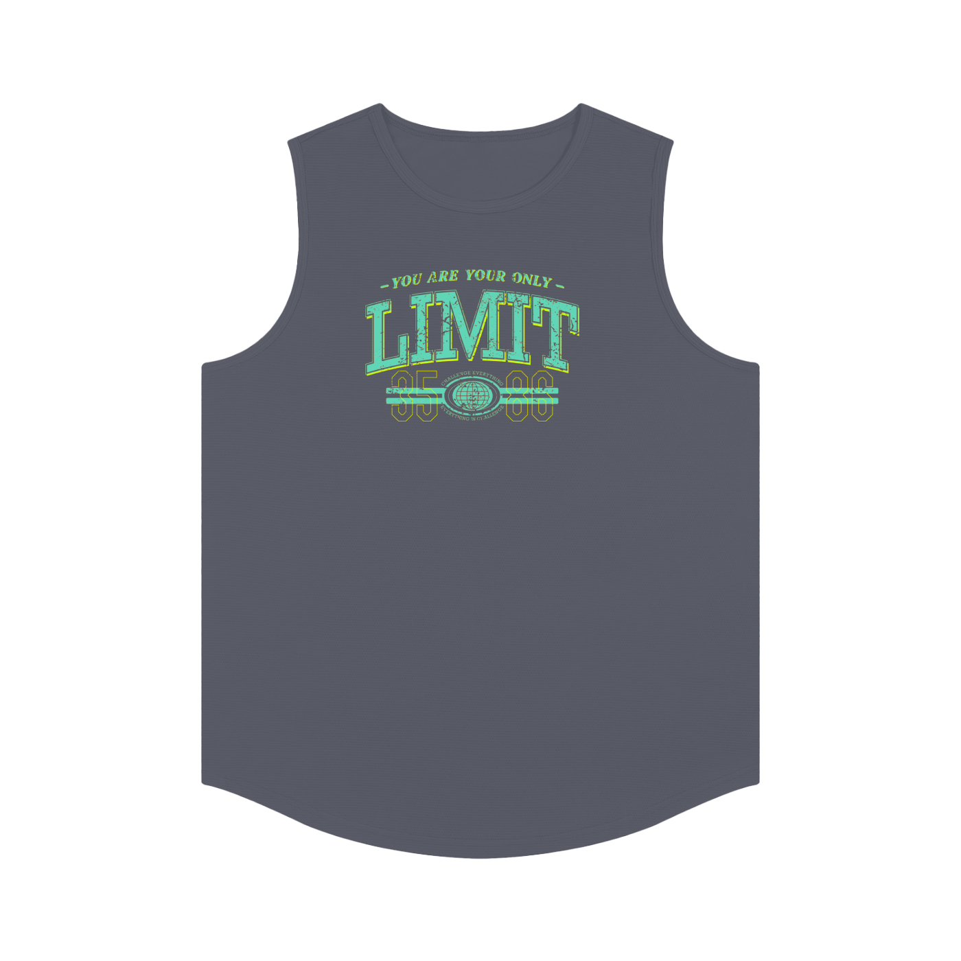 Gray sleeveless shirt with motivational text design on a white background