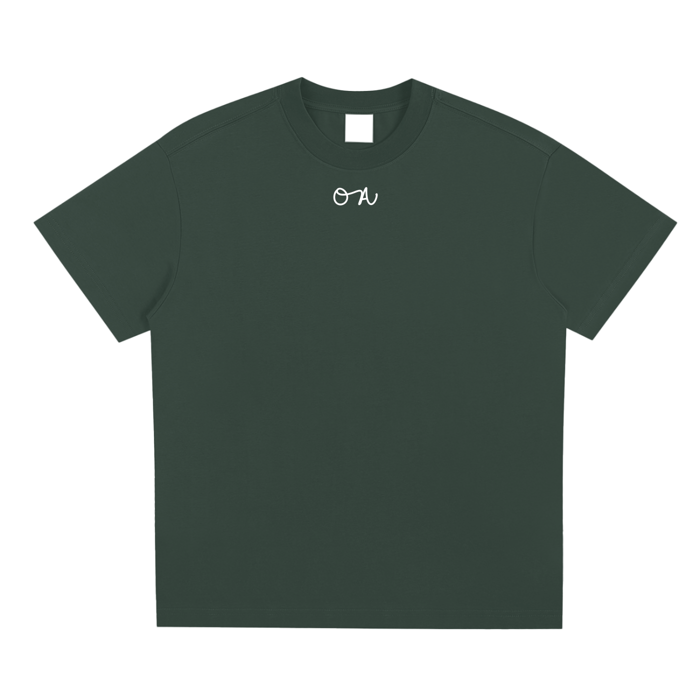 Green t-shirt with a white logo on a white background
