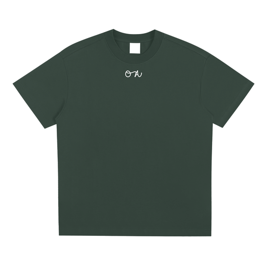 Green t-shirt with a white logo on a white background