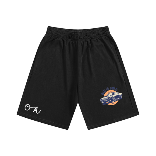 Black shorts with a graphic design on a white background