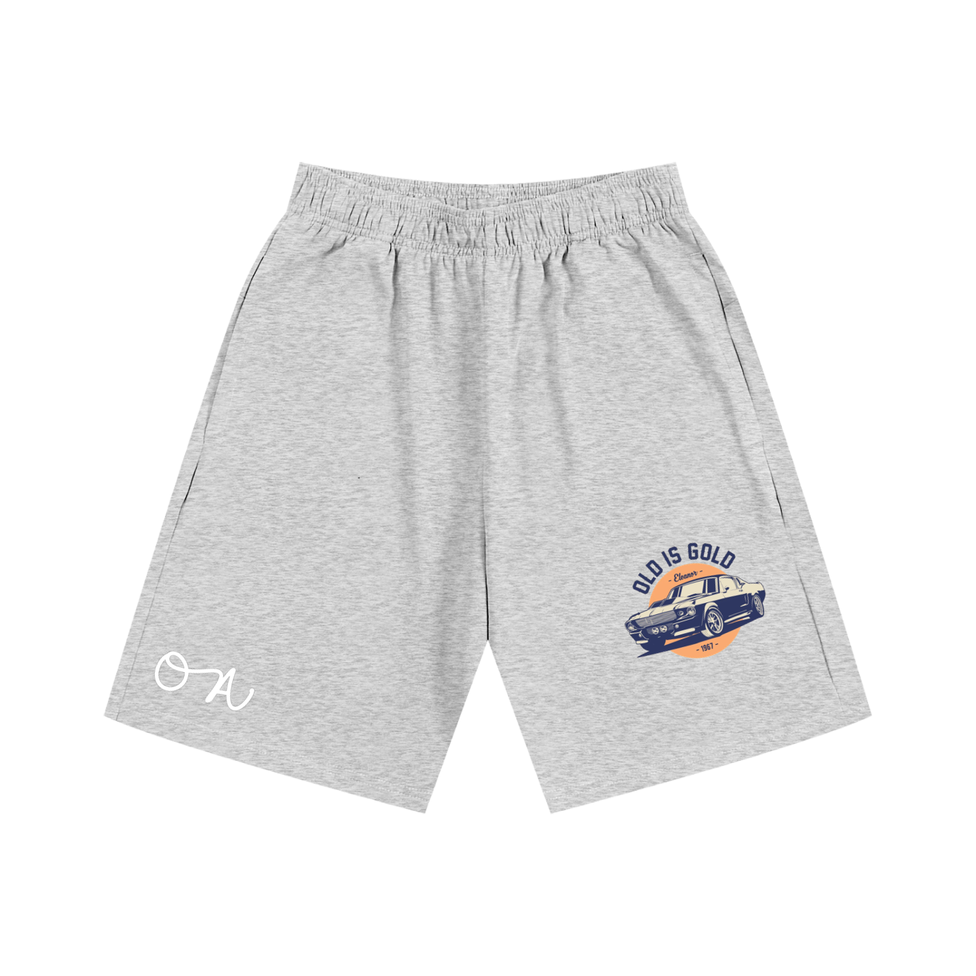 Gray shorts with a graphic design on a white background