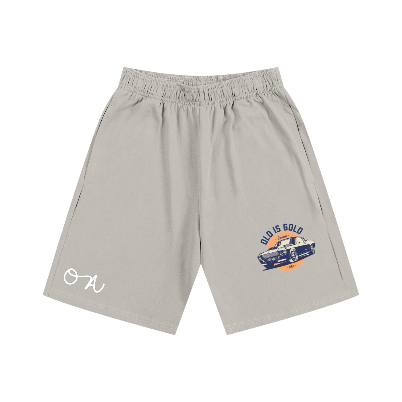 Gray shorts with a graphic design on a white background