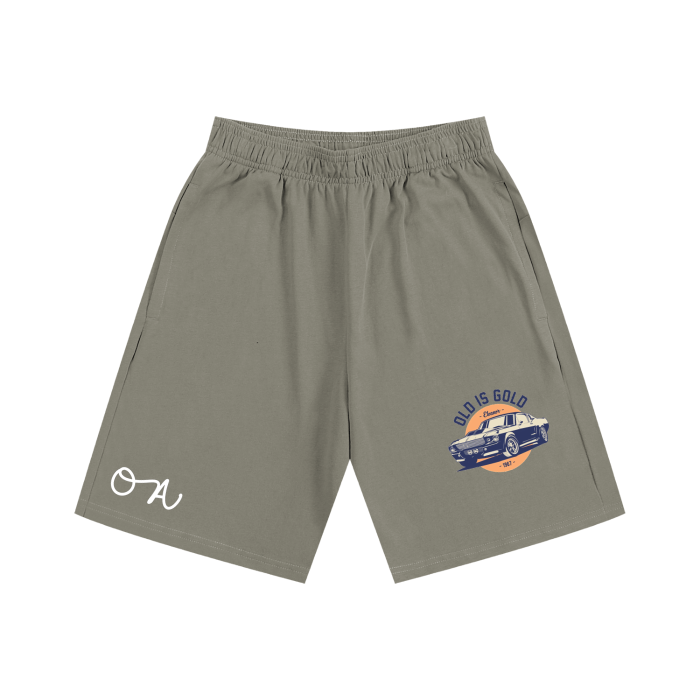 Green shorts with a graphic design on a white background