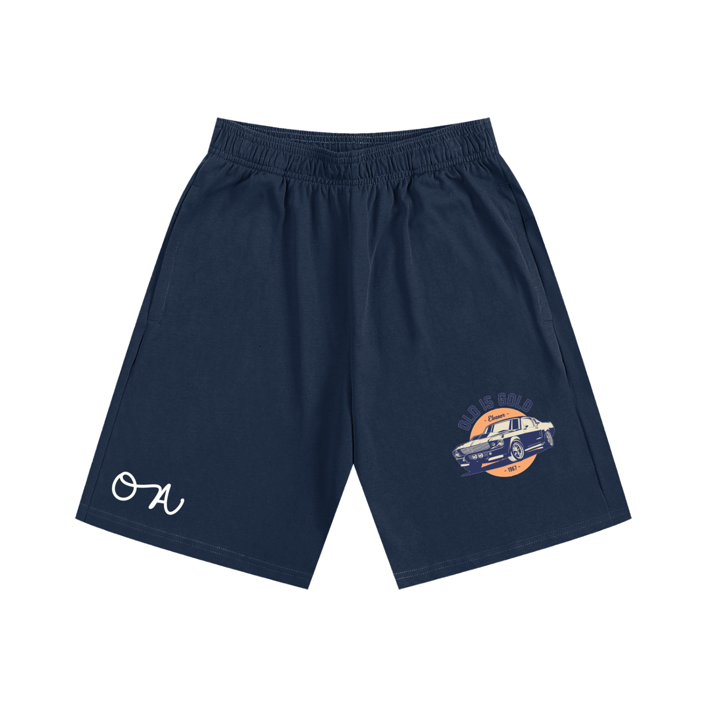 Navy blue shorts with a graphic design on a white background