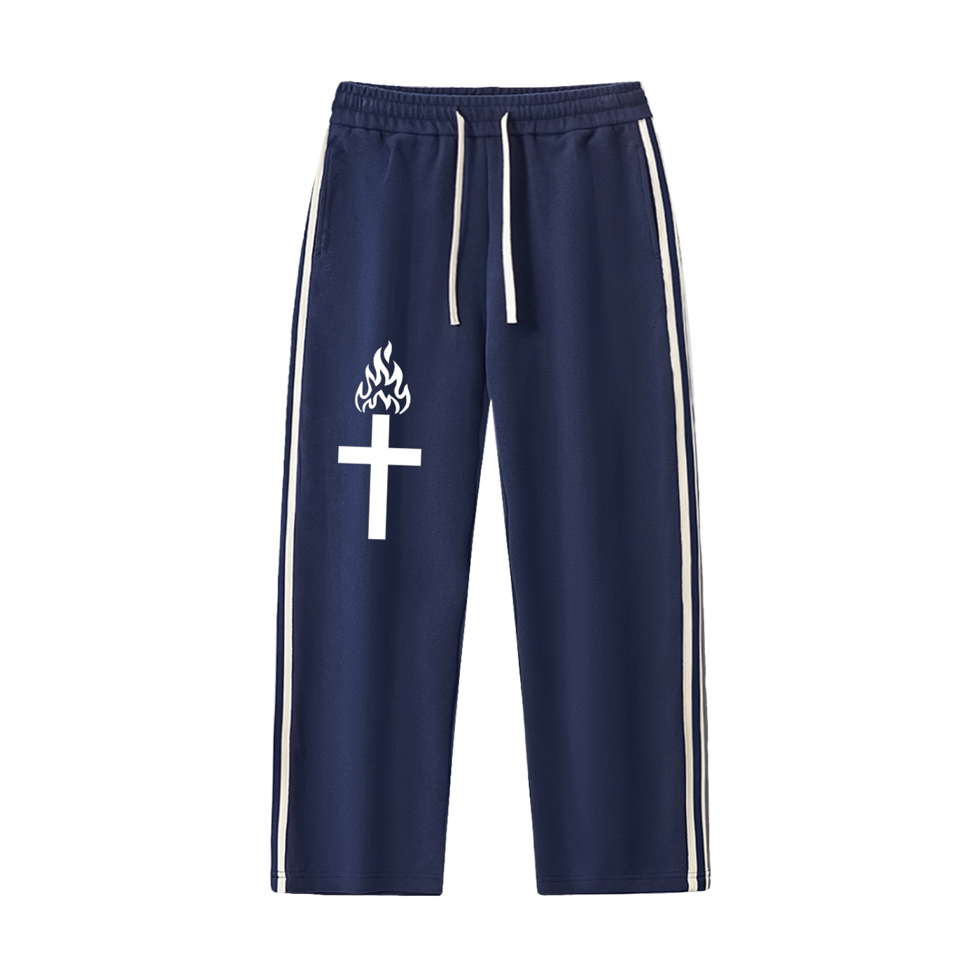 Navy blue pants with white cross and flame design on a white background