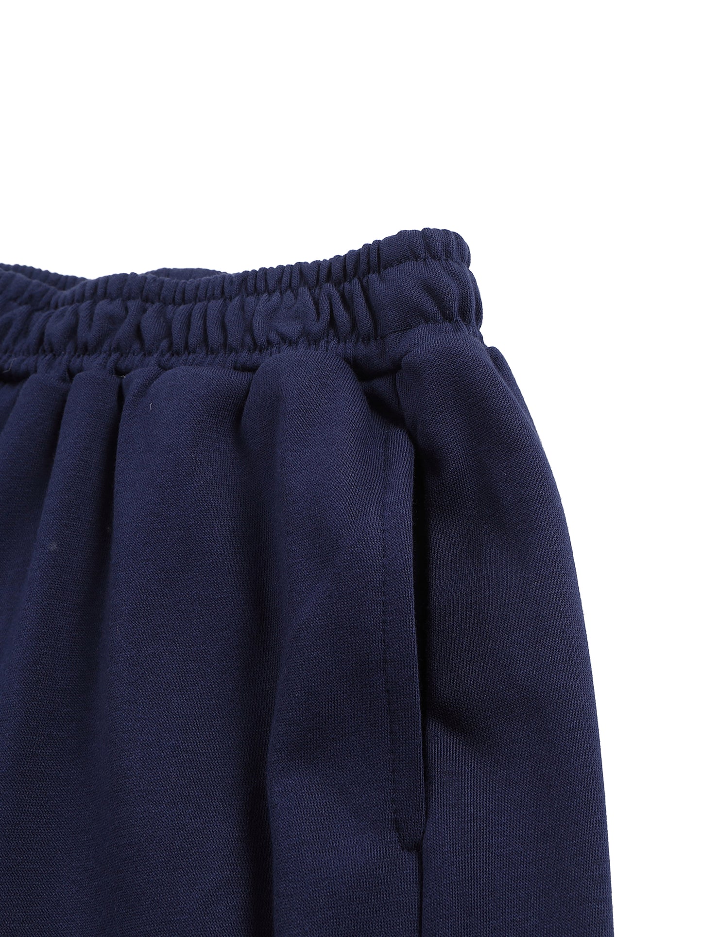 Navy blue shorts with an elastic waistband on a white background