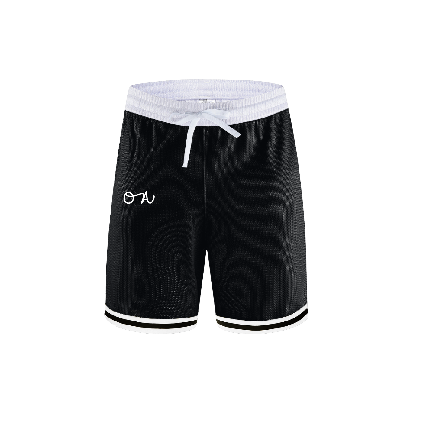 Black shorts with white waistband and logo on a white background