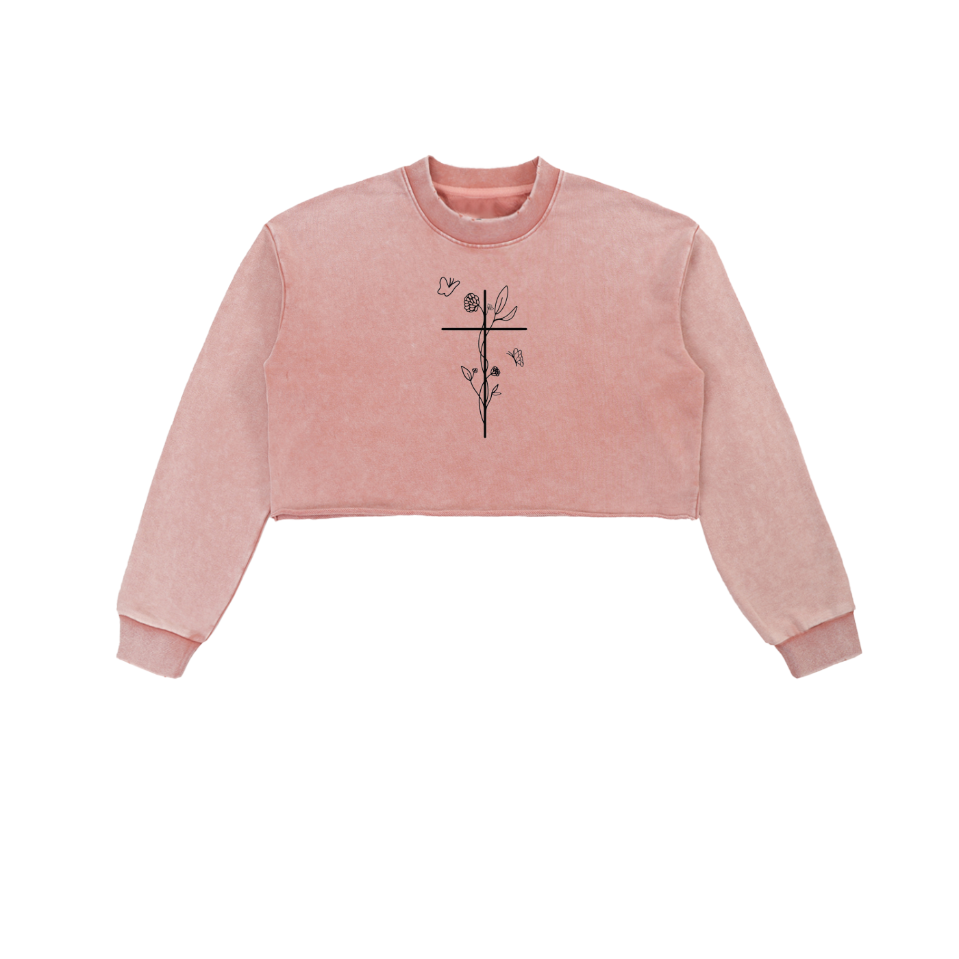 Pink cropped sweatshirt with a black design on a white background