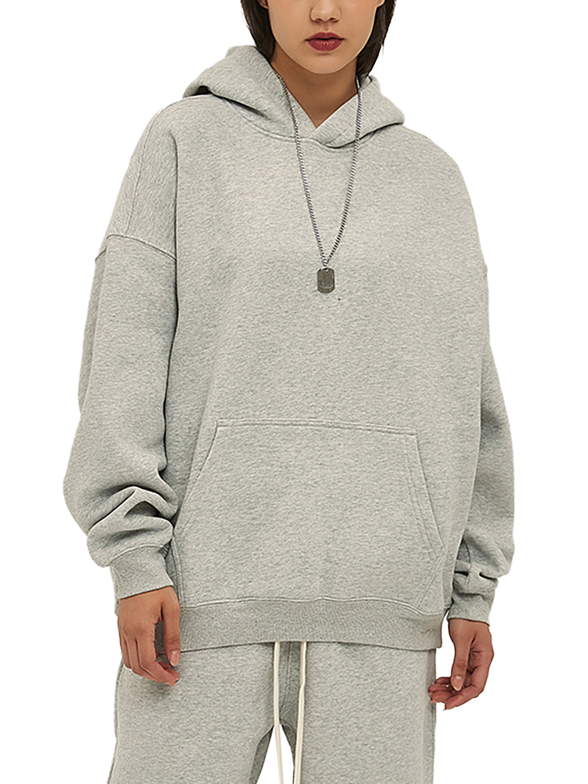 Women modeling a heather gray hoodie mockup